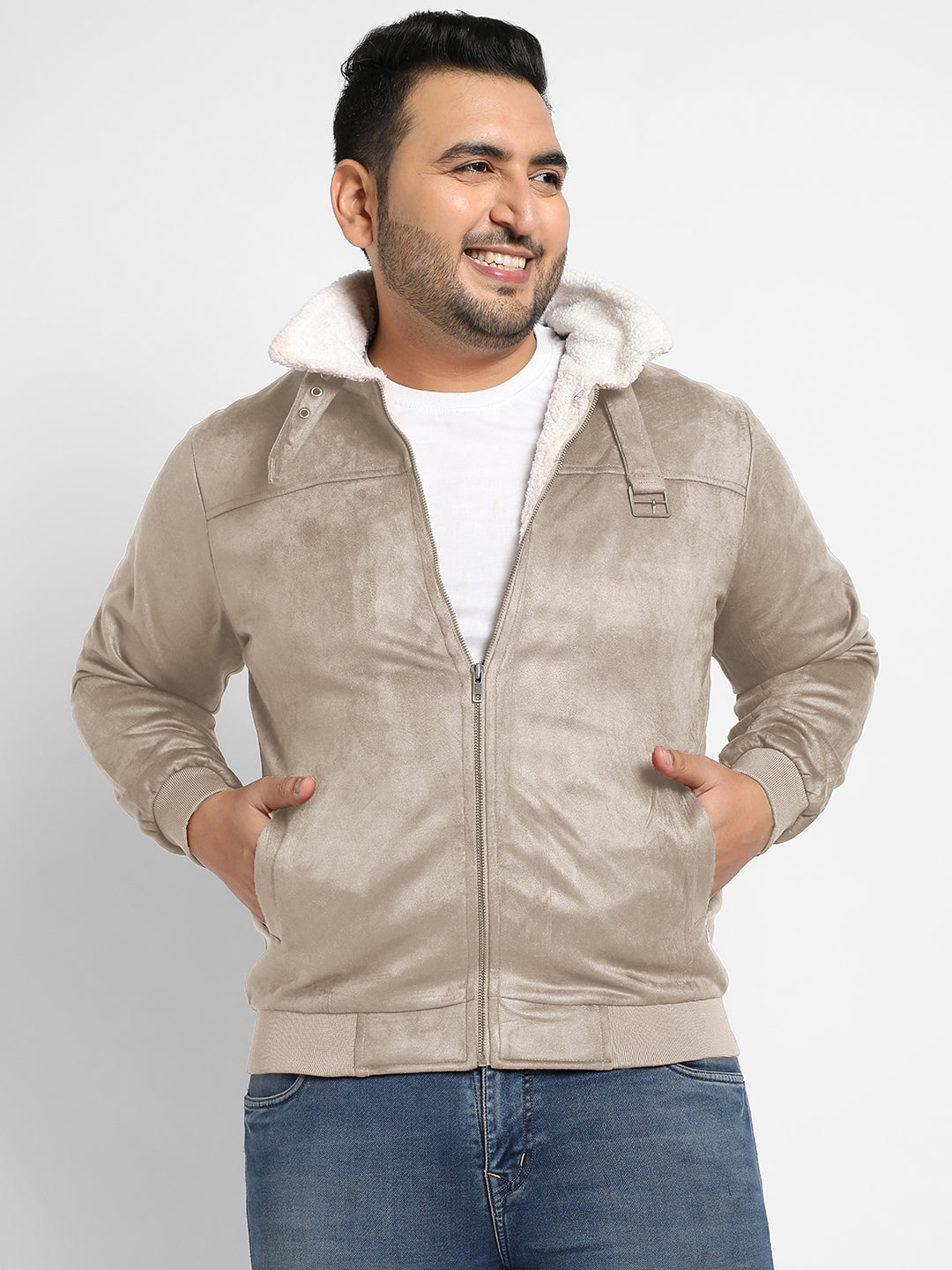 Contrast Sherpa-Lined Suede Bomber Jacket