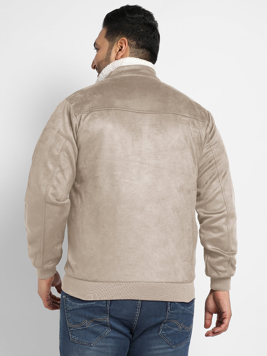 Contrast Sherpa-Lined Suede Bomber Jacket
