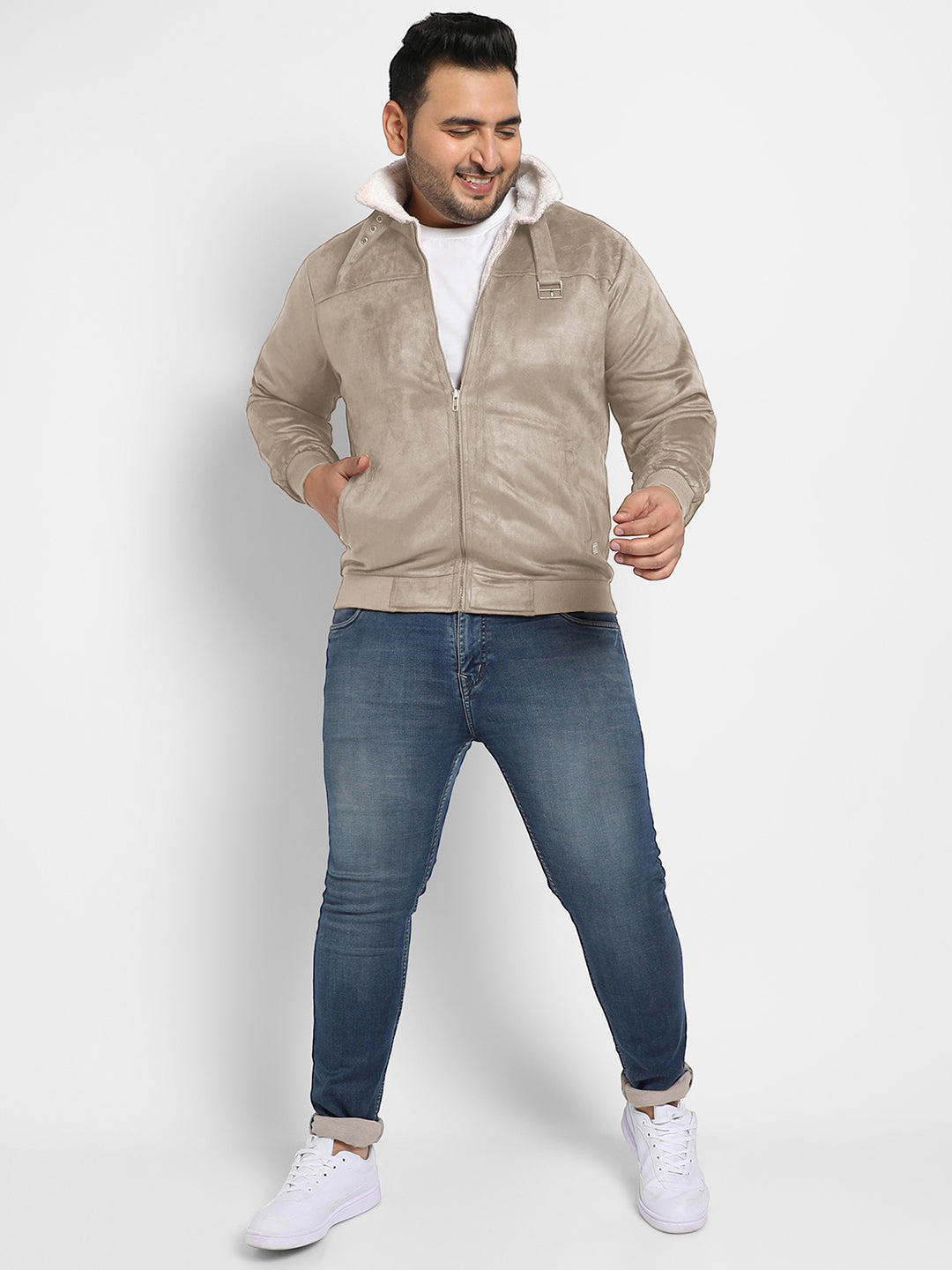 Contrast Sherpa-Lined Suede Bomber Jacket
