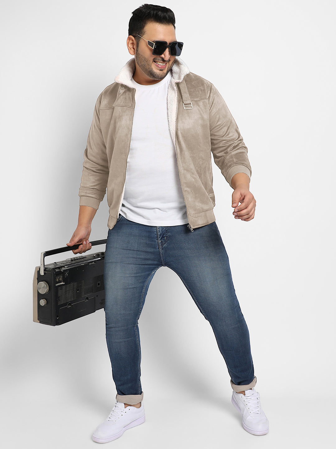 Contrast Sherpa-Lined Suede Bomber Jacket