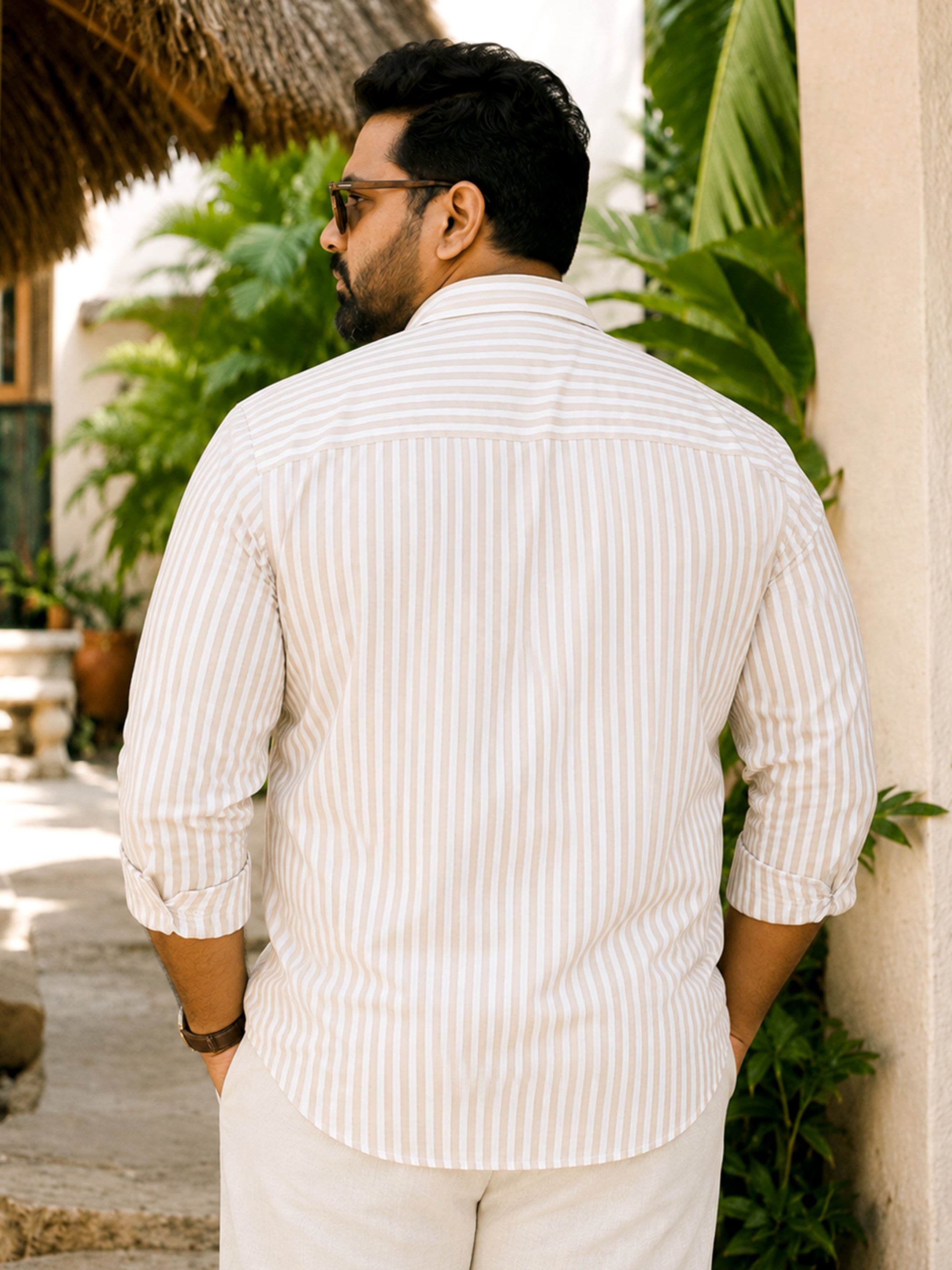 Instafab Plus Men's Beige & White Striped Oxford Cotton Shirt - view 3