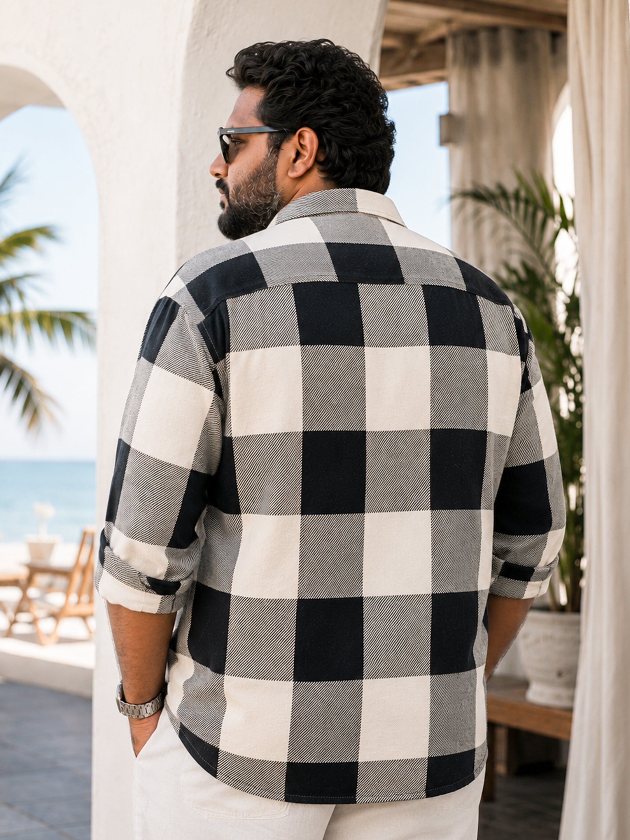 Instafab Plus Men's Black & White Yarn Dyed Checked Oversized Fit Shirt - view 3
