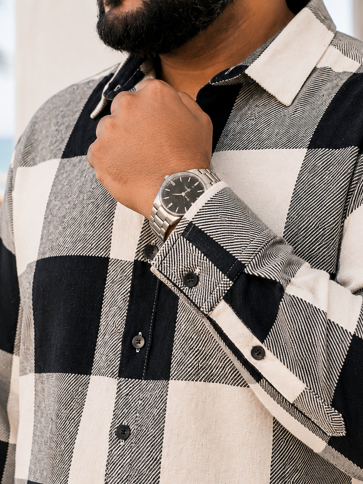 Instafab Plus Men's Black & White Yarn Dyed Checked Oversized Fit Shirt - view 6