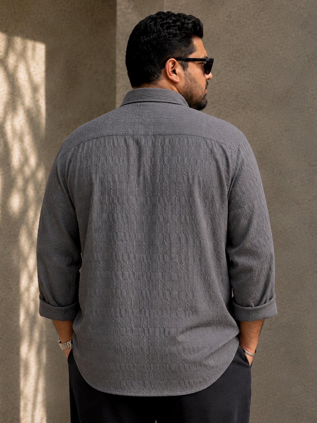 Instafab Plus Men's Grey Textured Jacquard Shirt - view 3
