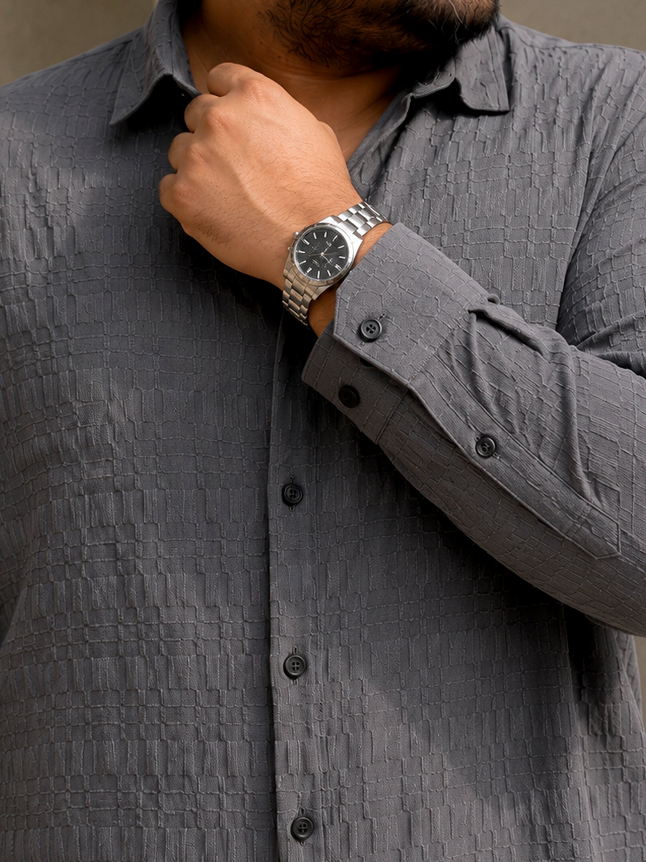 Instafab Plus Men's Grey Textured Jacquard Shirt - view 6