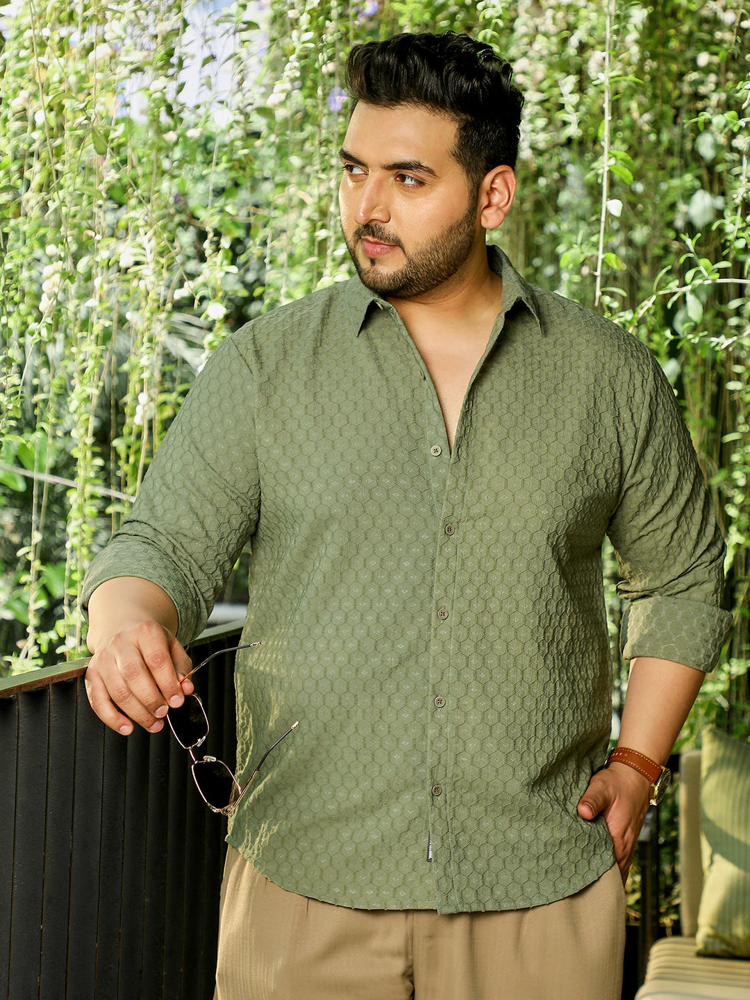 Olive Self Design Shirt