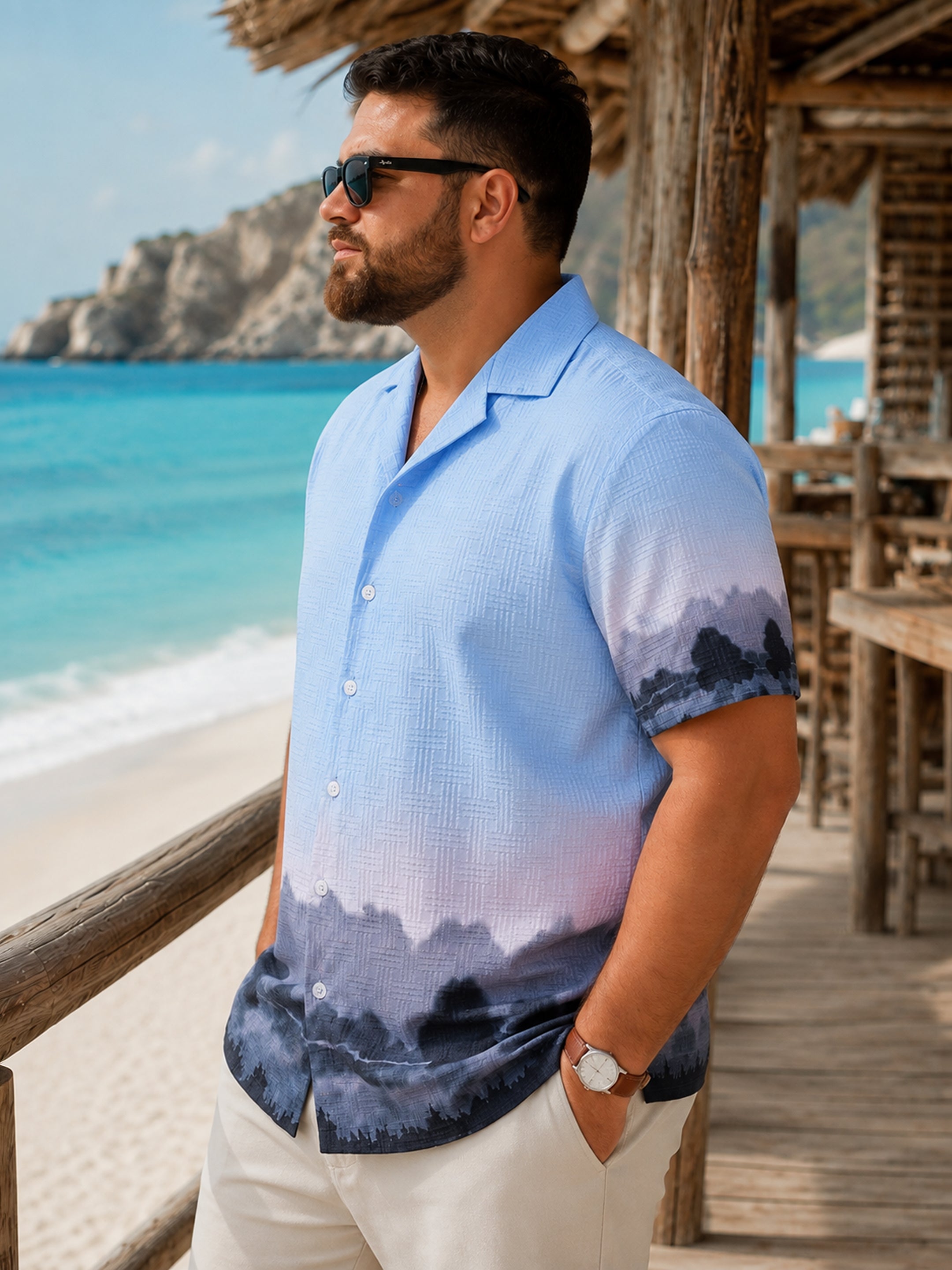 Instafab Plus Men's Blue Textured Placement Print Cuban Collar Shirt - view 2