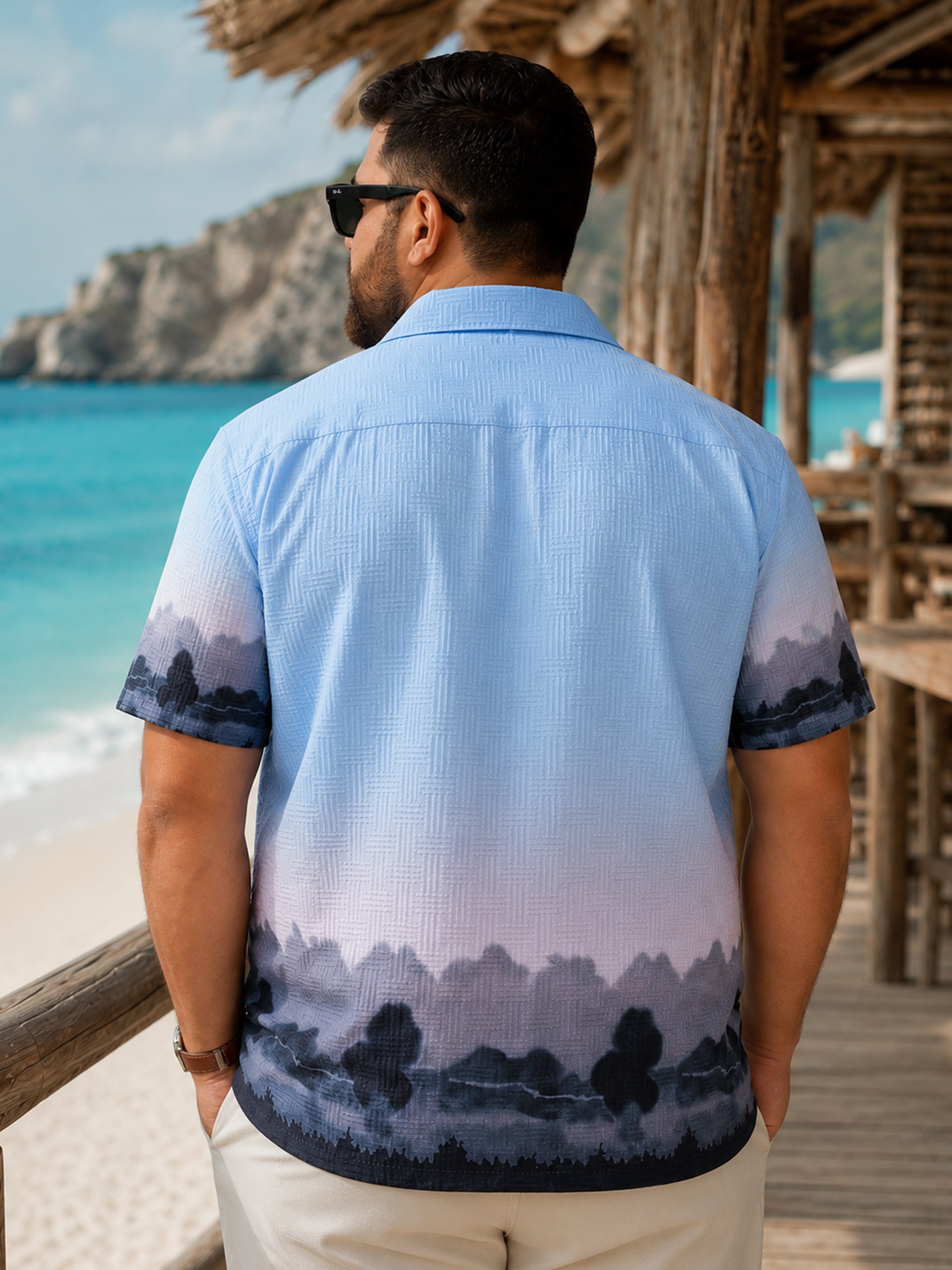 Instafab Plus Men's Blue Textured Placement Print Cuban Collar Shirt - view 3