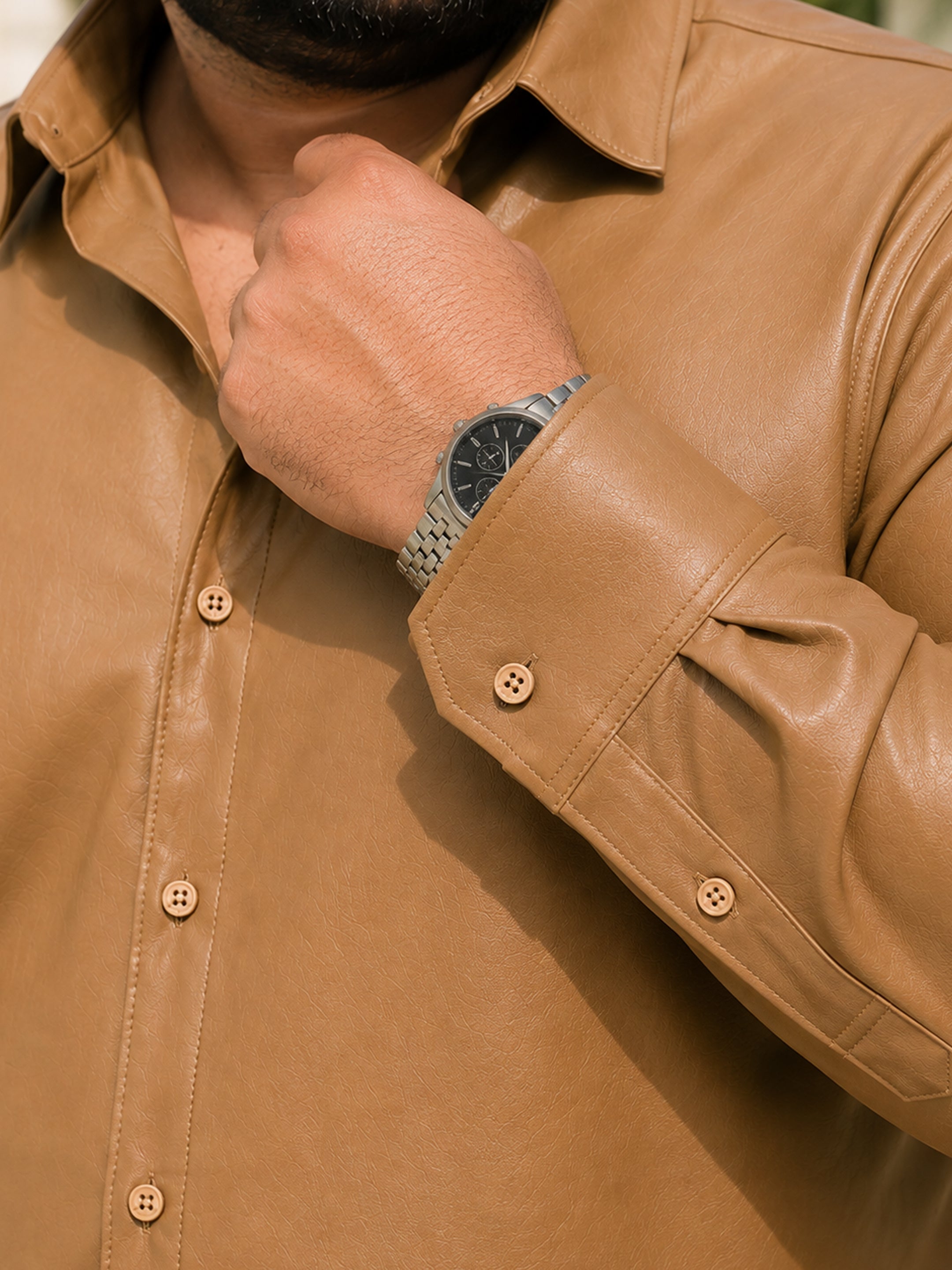 Instafab Plus Men's Brown Solid Leather Finish Shirt - view 6
