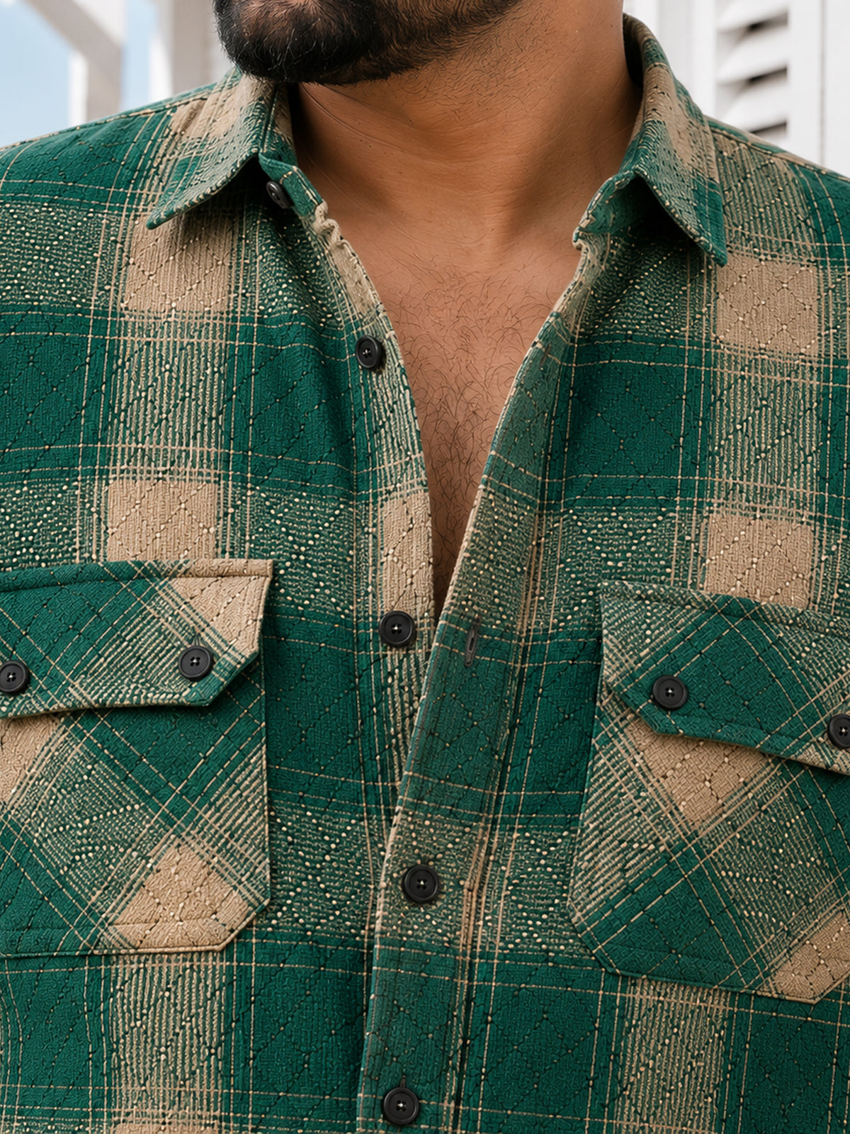 Instafab Plus Men's Green & Beige Checked Cotton Shirt With Utility Pockets - view 5