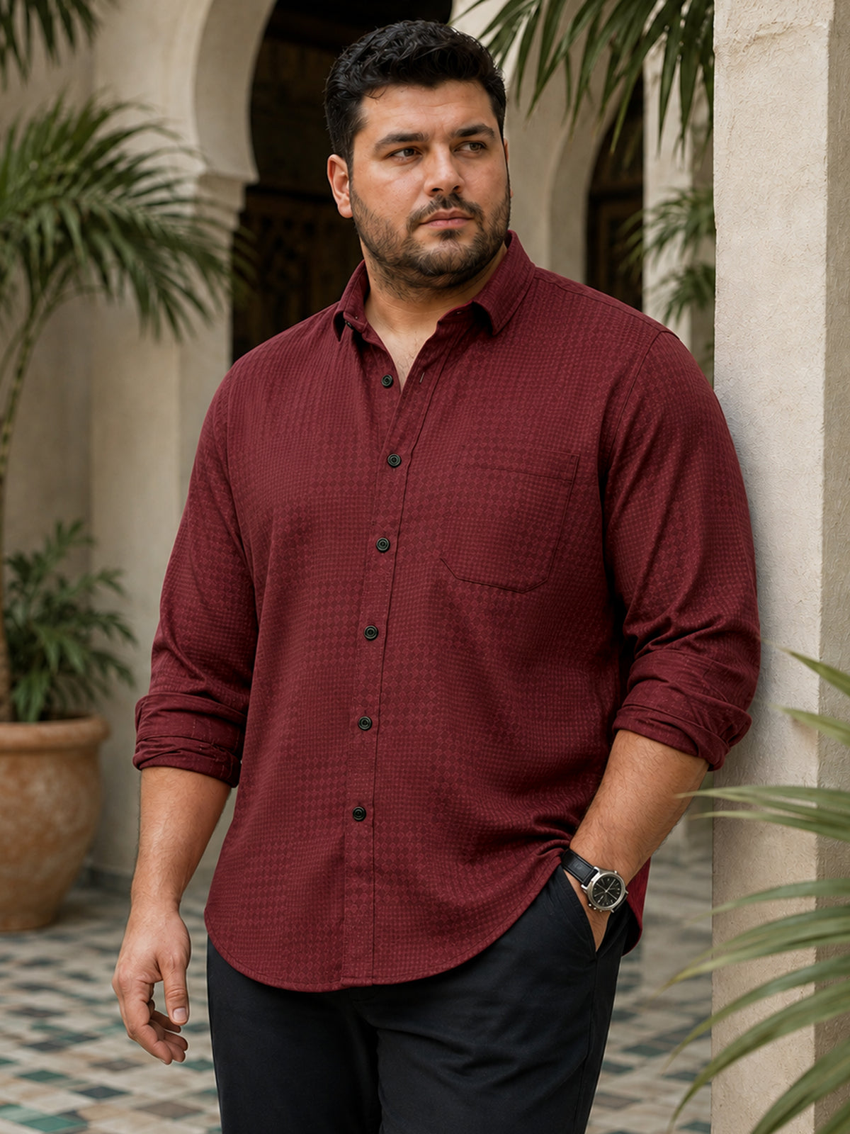 Instafab Plus Men's Maroon Houndstooth Jacquard Regular Fit Shirt - view 1