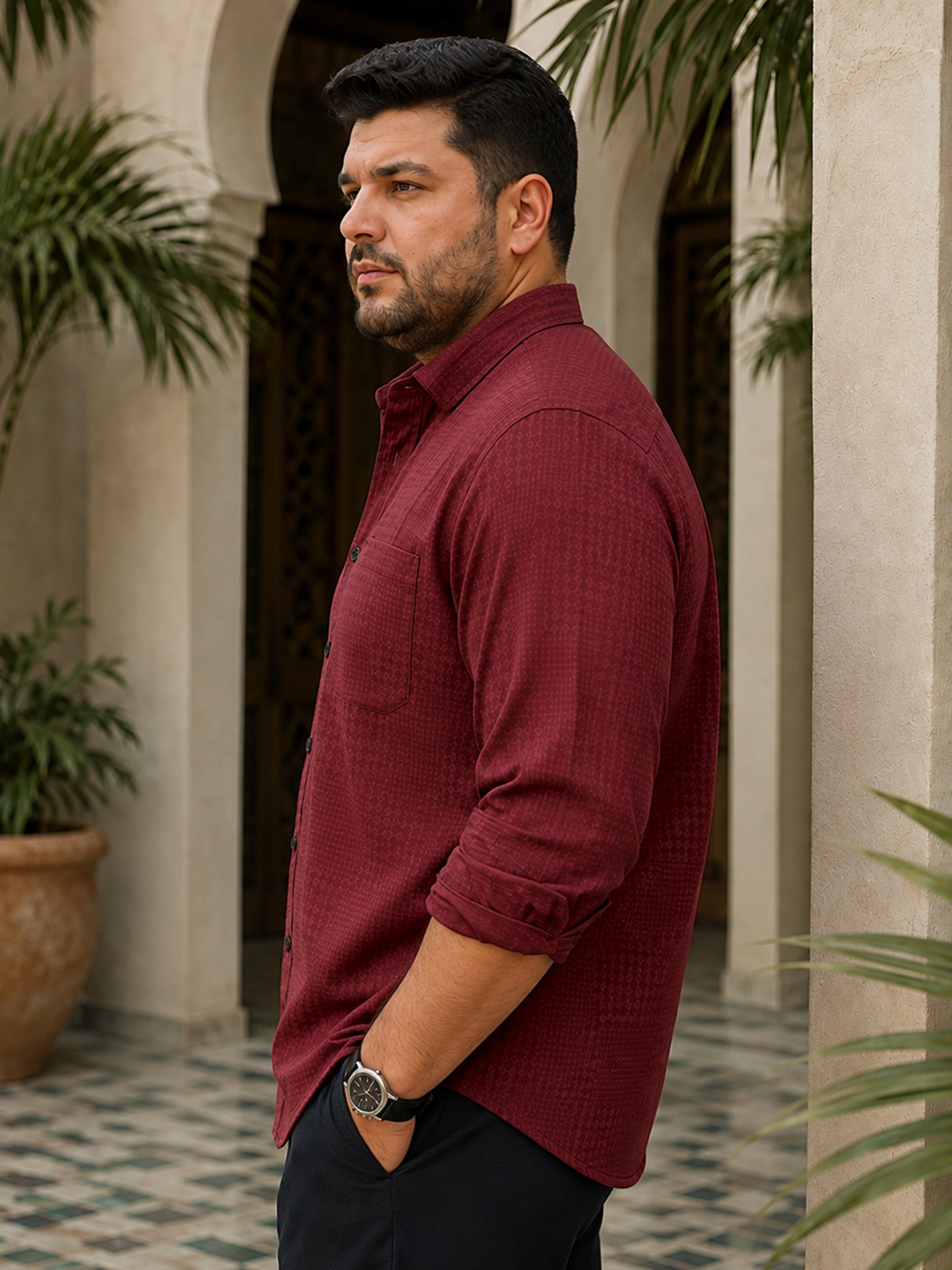 Instafab Plus Men's Maroon Houndstooth Jacquard Regular Fit Shirt - view 2