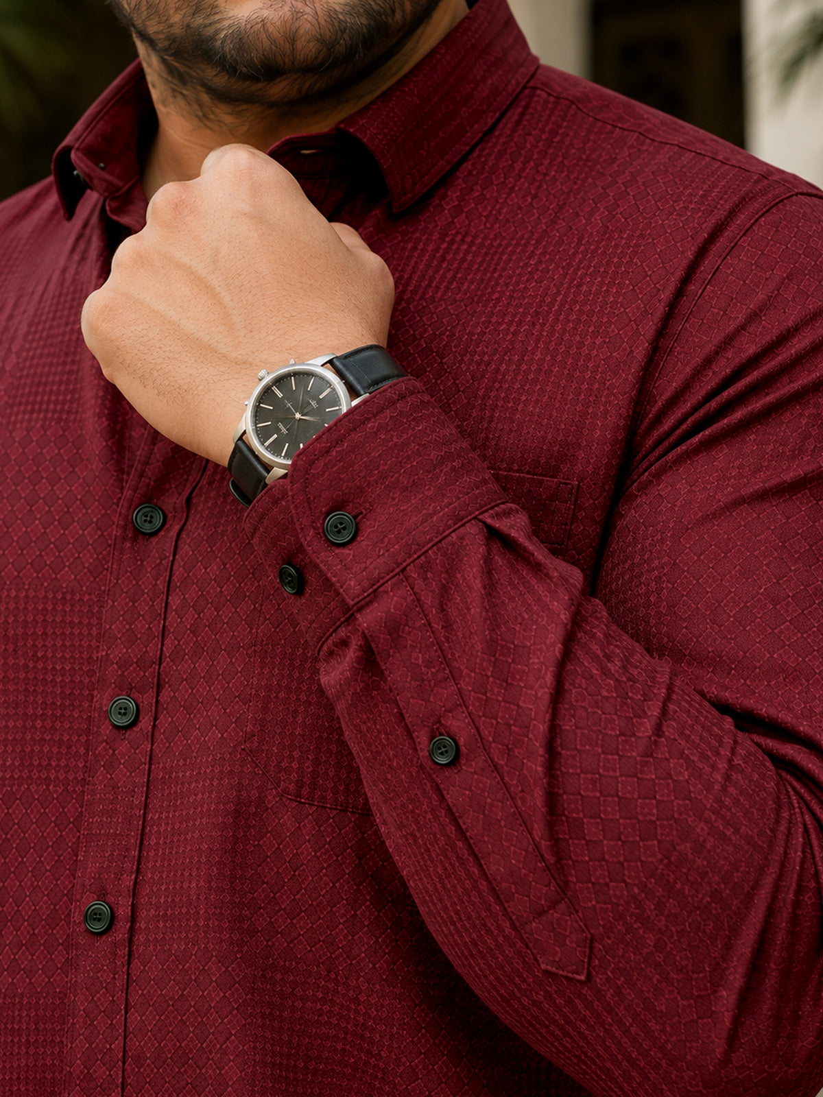 Instafab Plus Men's Maroon Houndstooth Jacquard Regular Fit Shirt - view 6