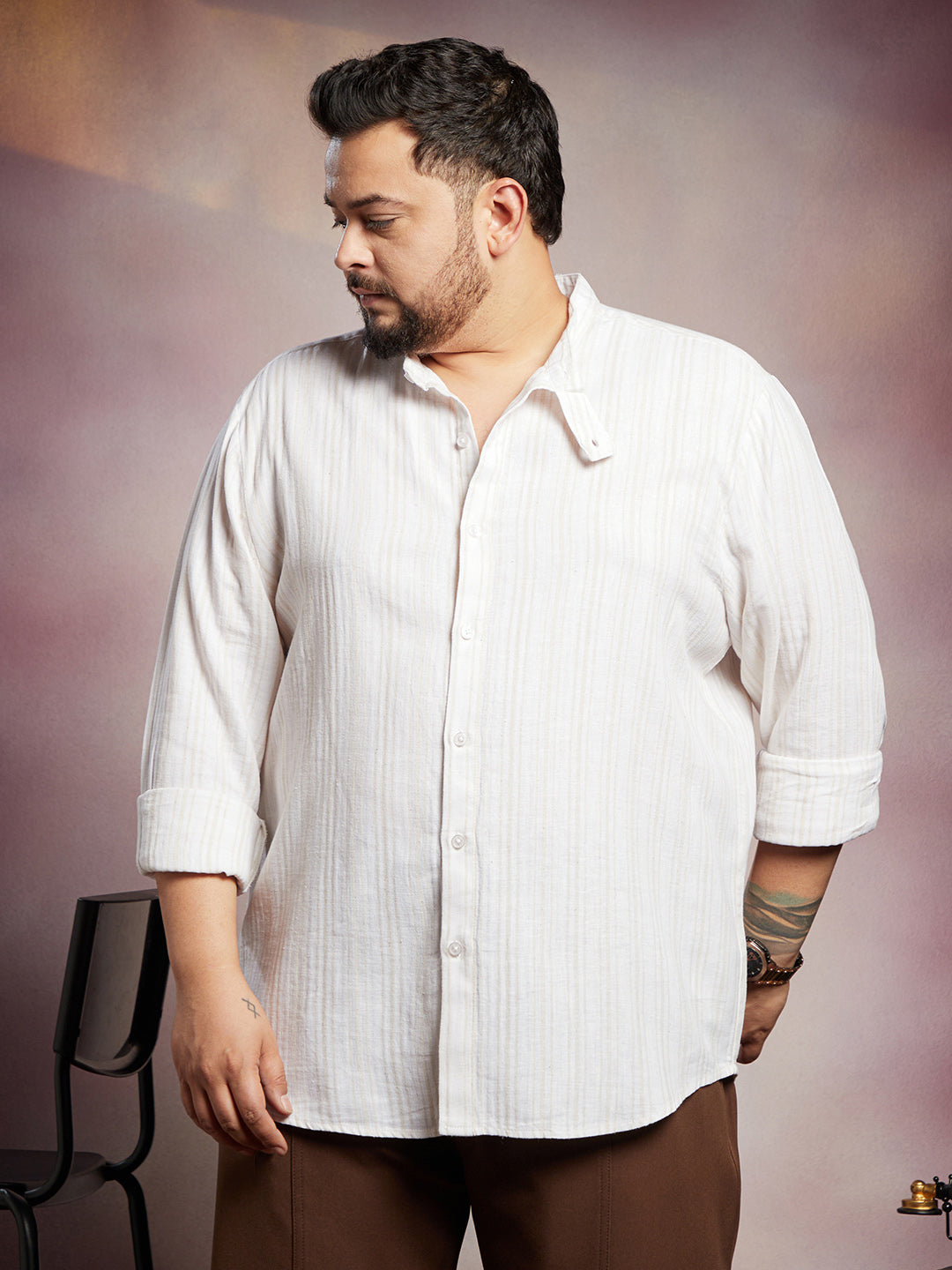 Striped Extended-Band Collar Shirt