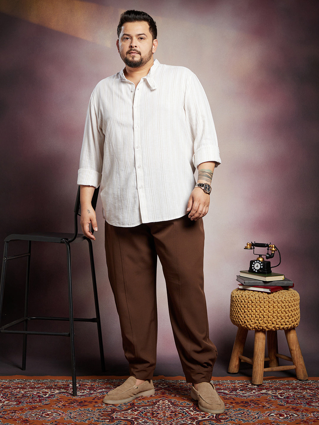 Striped Extended-Band Collar Shirt