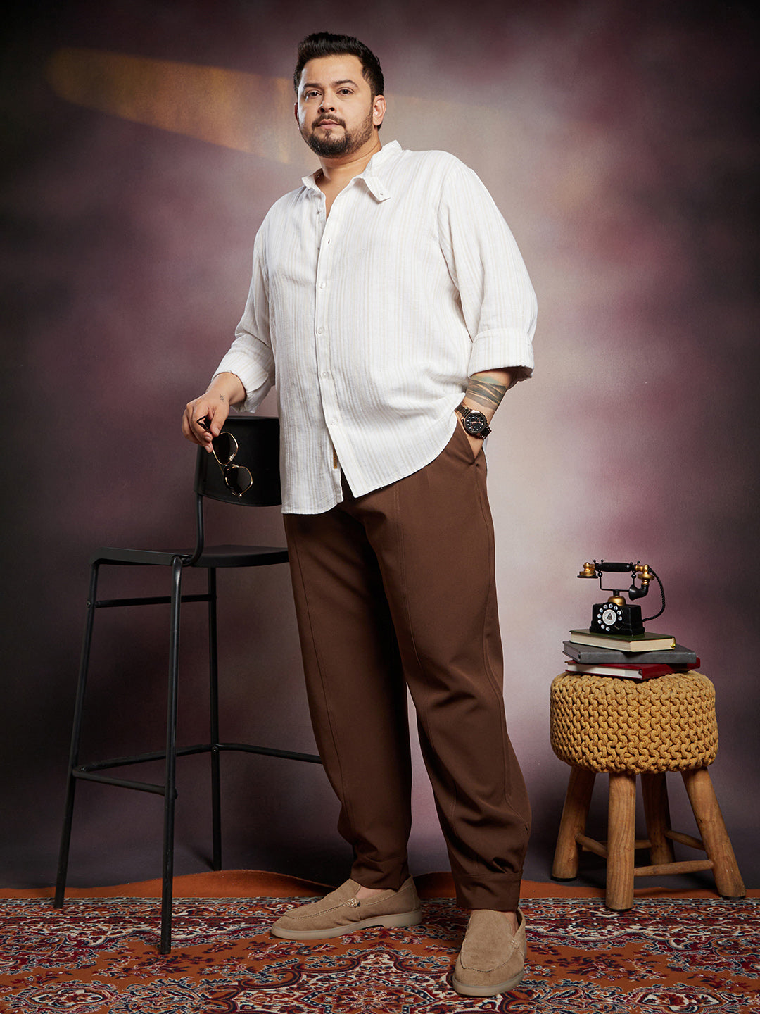 Striped Extended-Band Collar Shirt