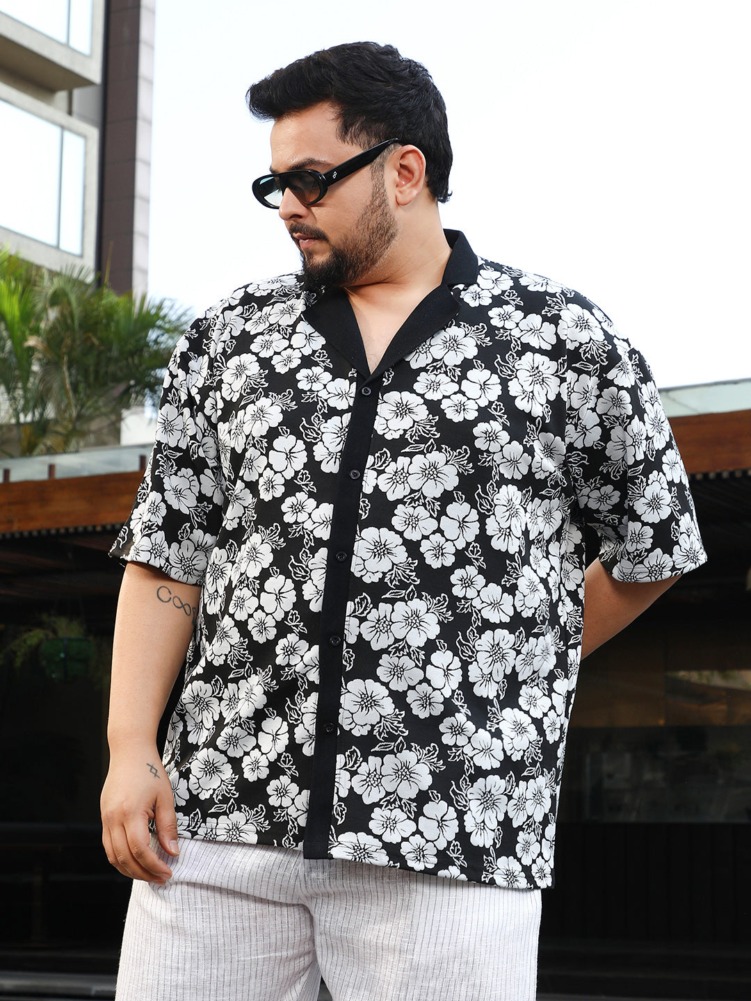 Bloom-Imprint Cuban-Polo Shirt