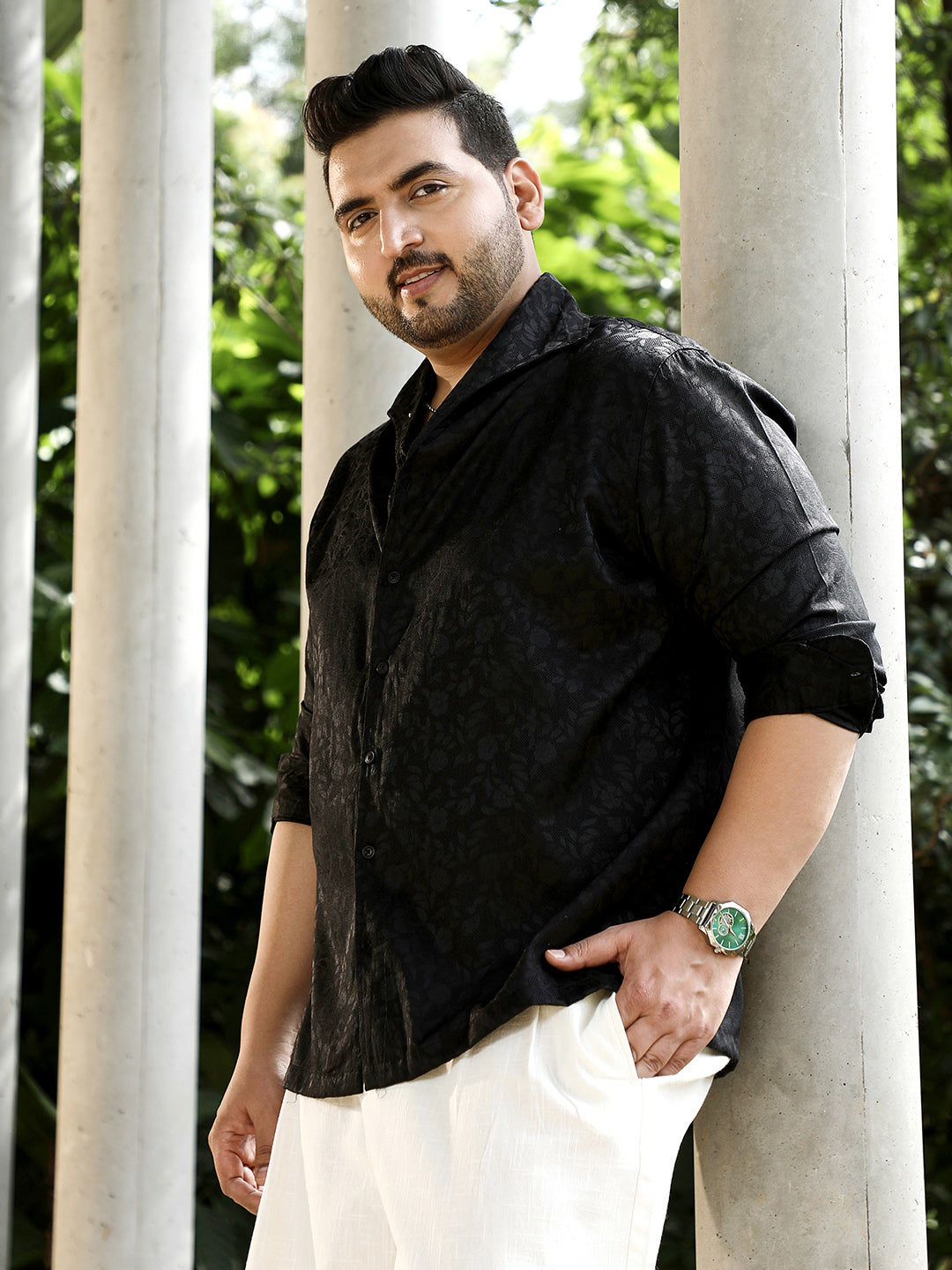 Floral-Jacquard Button-Down Relaxed Shirt
