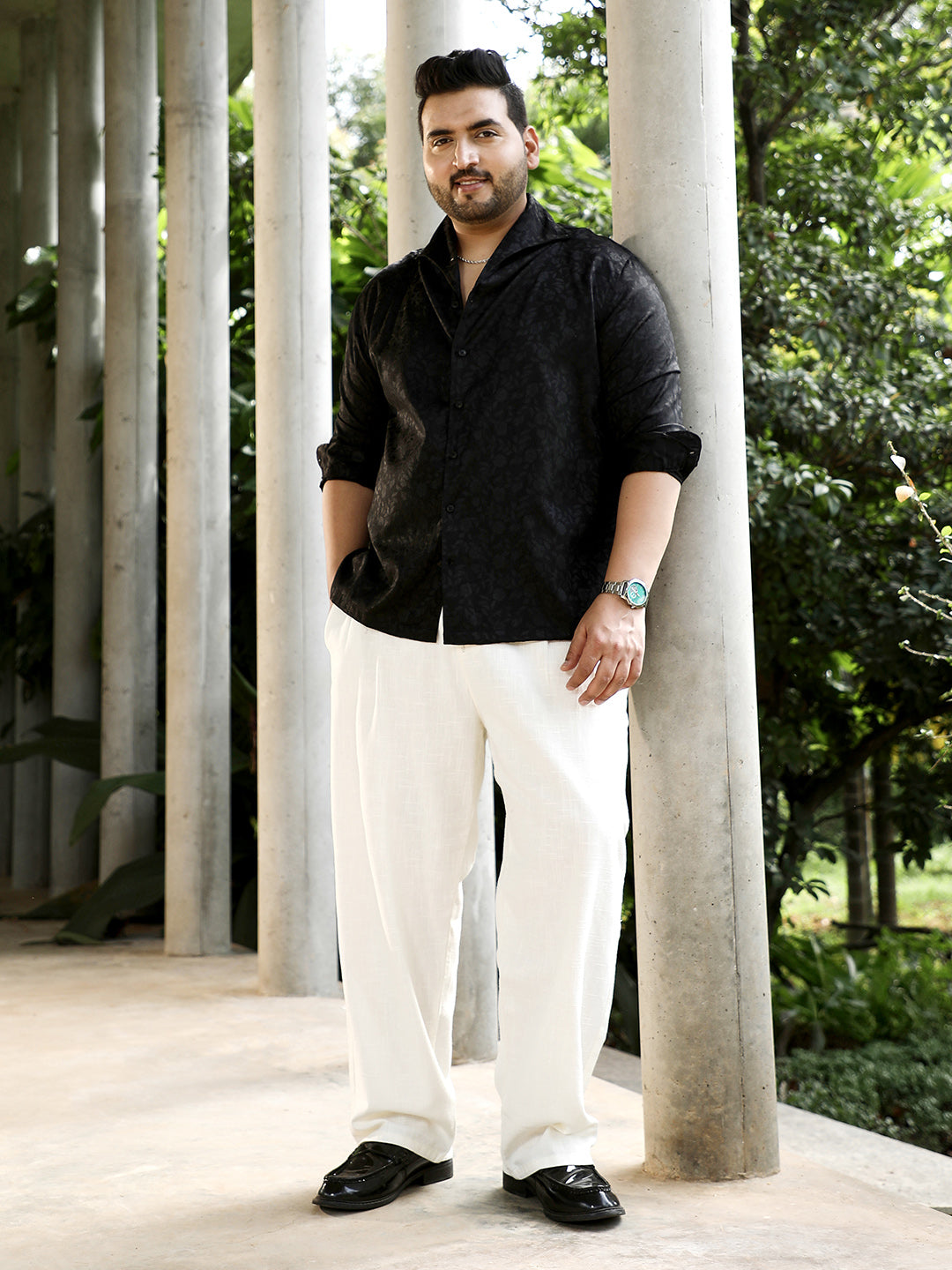 Floral-Jacquard Button-Down Relaxed Shirt