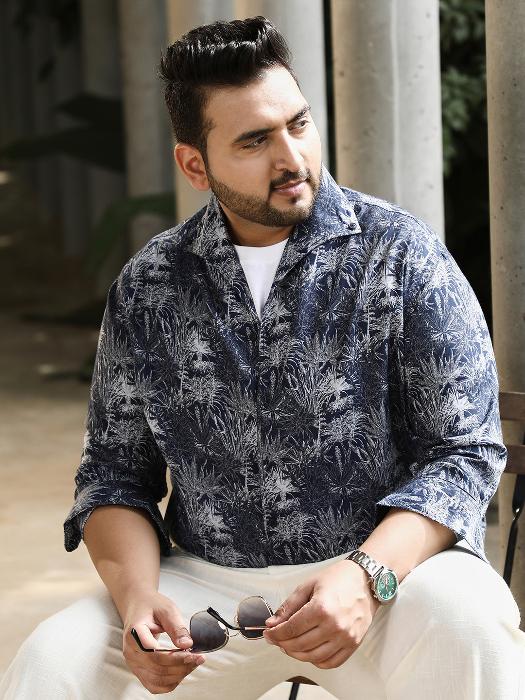 Foliage-Jacquard Button-Down Relaxed Shirt