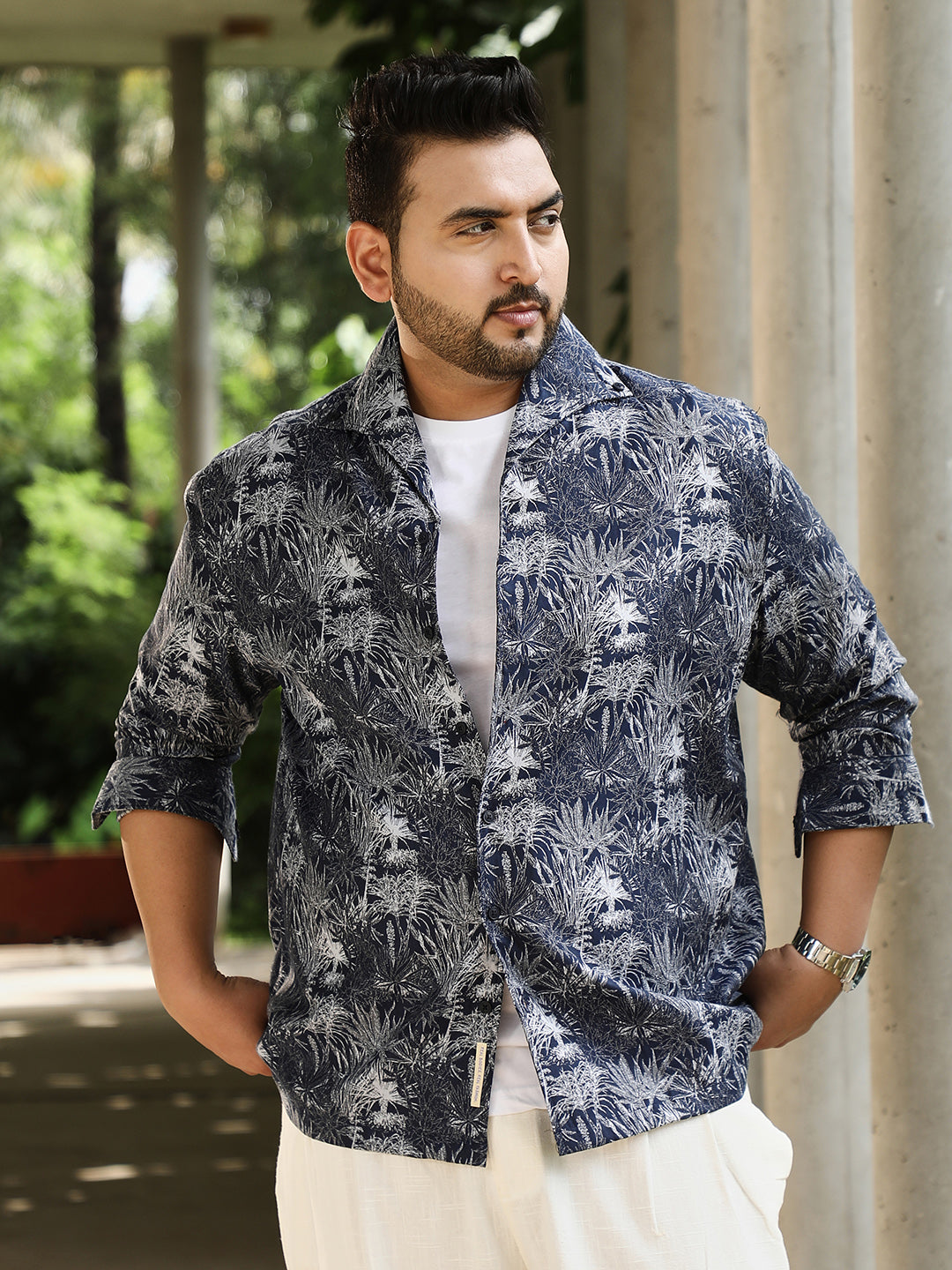 Foliage-Jacquard Button-Down Relaxed Shirt