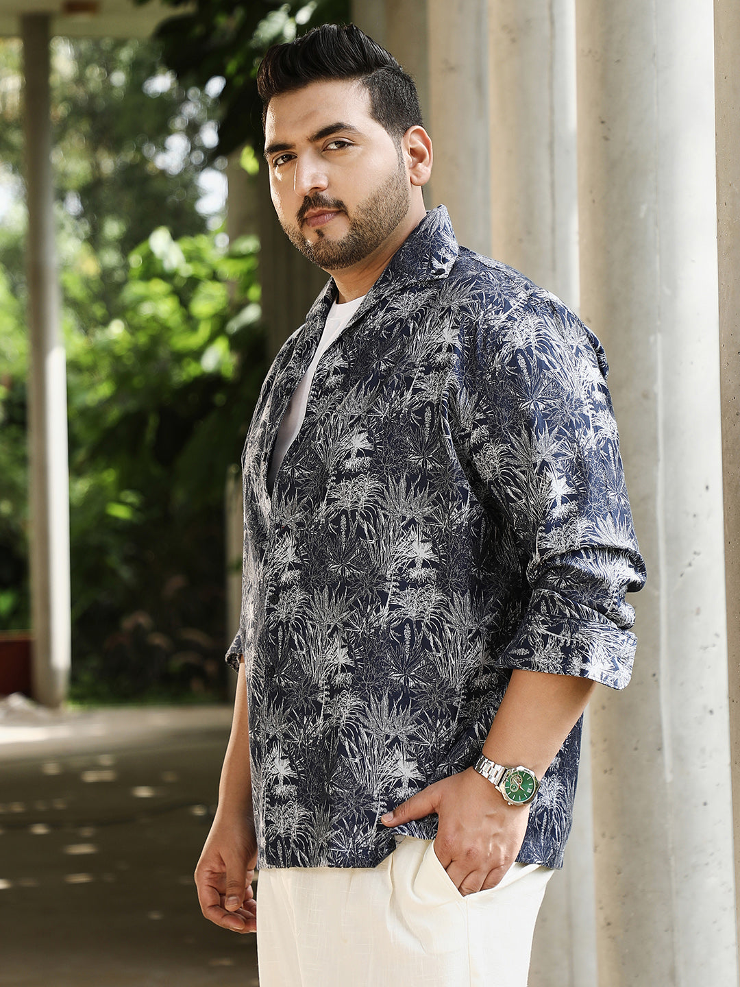 Foliage-Jacquard Button-Down Relaxed Shirt