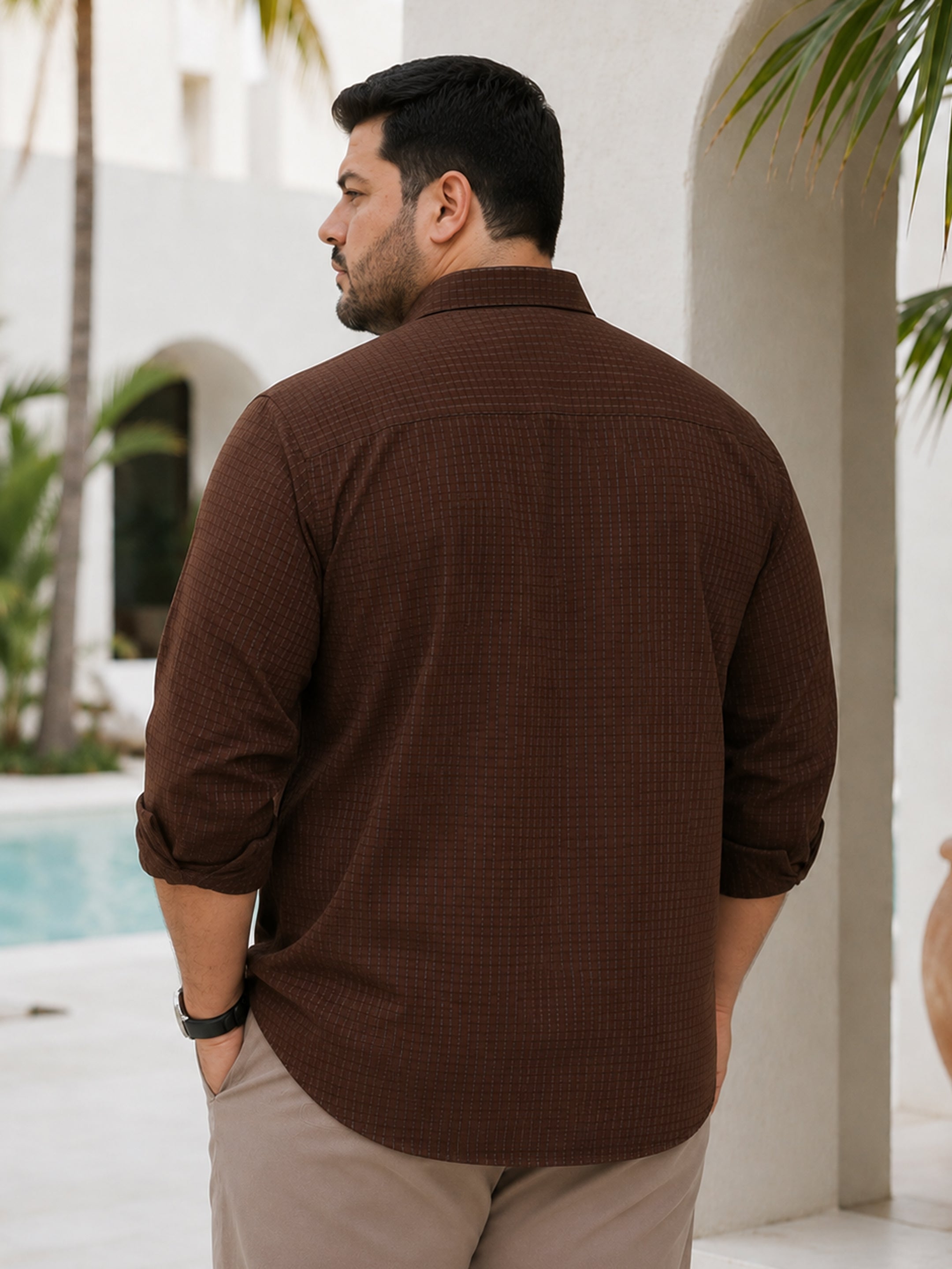 Instafab Plus Men's Brown Grid Textured Shirt With Utility Pocket - view 3