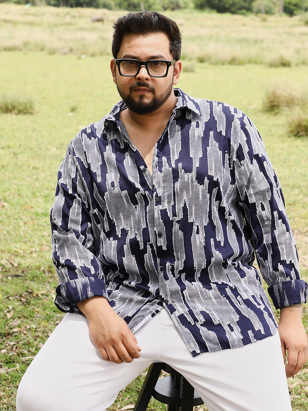 Contrast-Distressed Jacquard Shirt