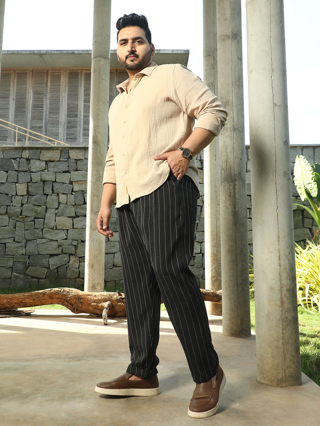 Pinstripe-Pleated Chino Trousers