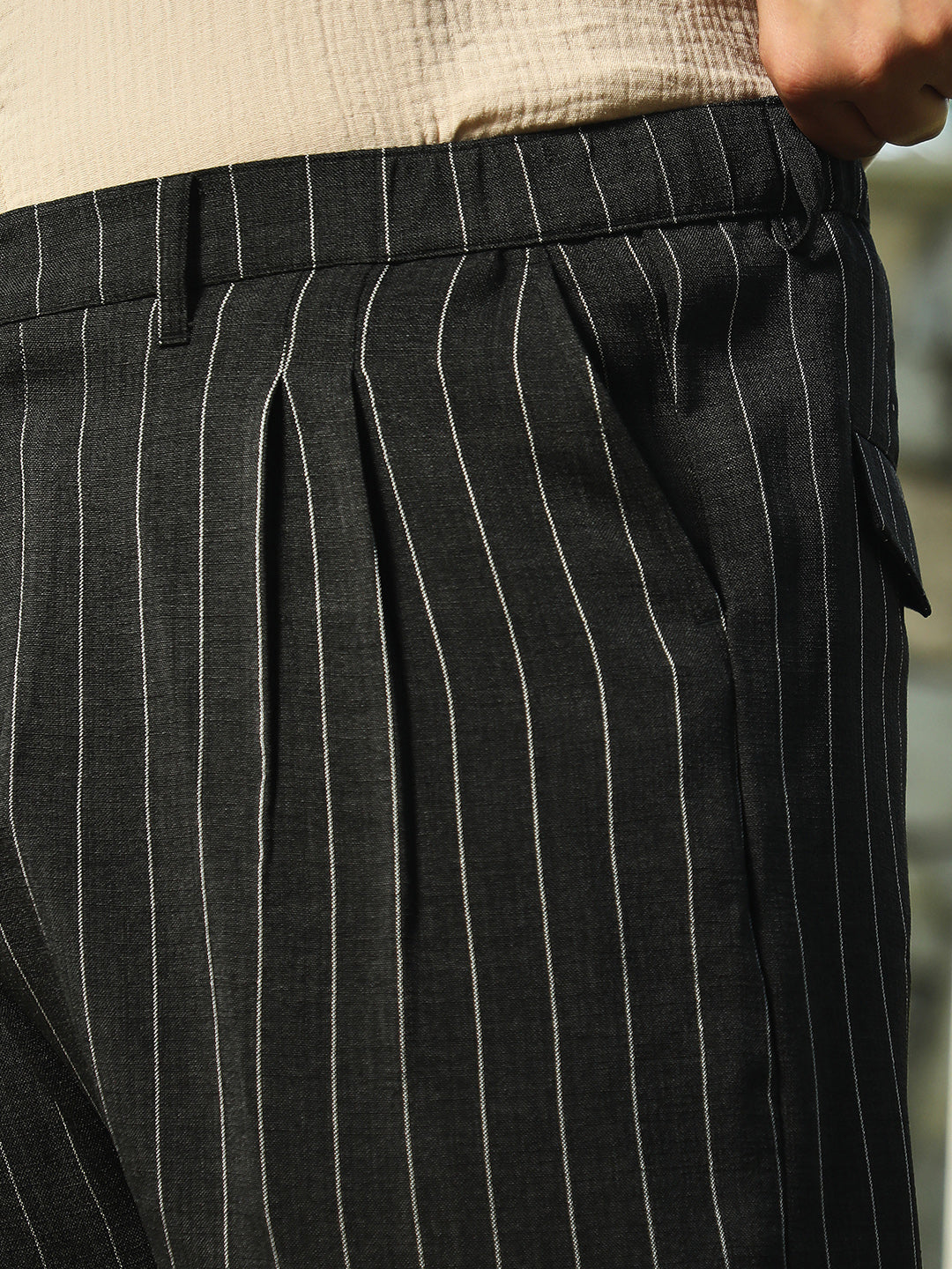 Pinstripe-Pleated Chino Trousers