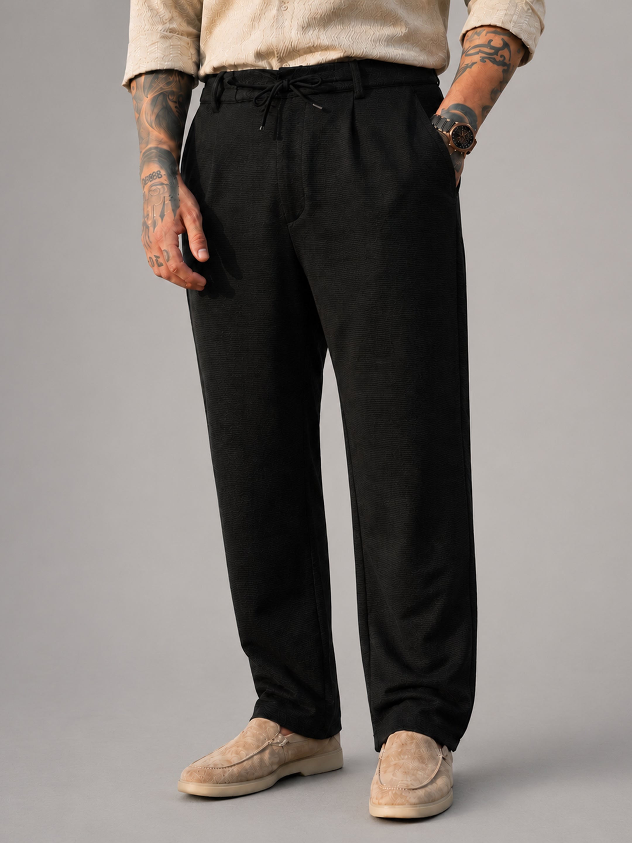 Instafab Plus Men's Black Micro Waffle Straight Fit Trouser With Drawstring - view 1