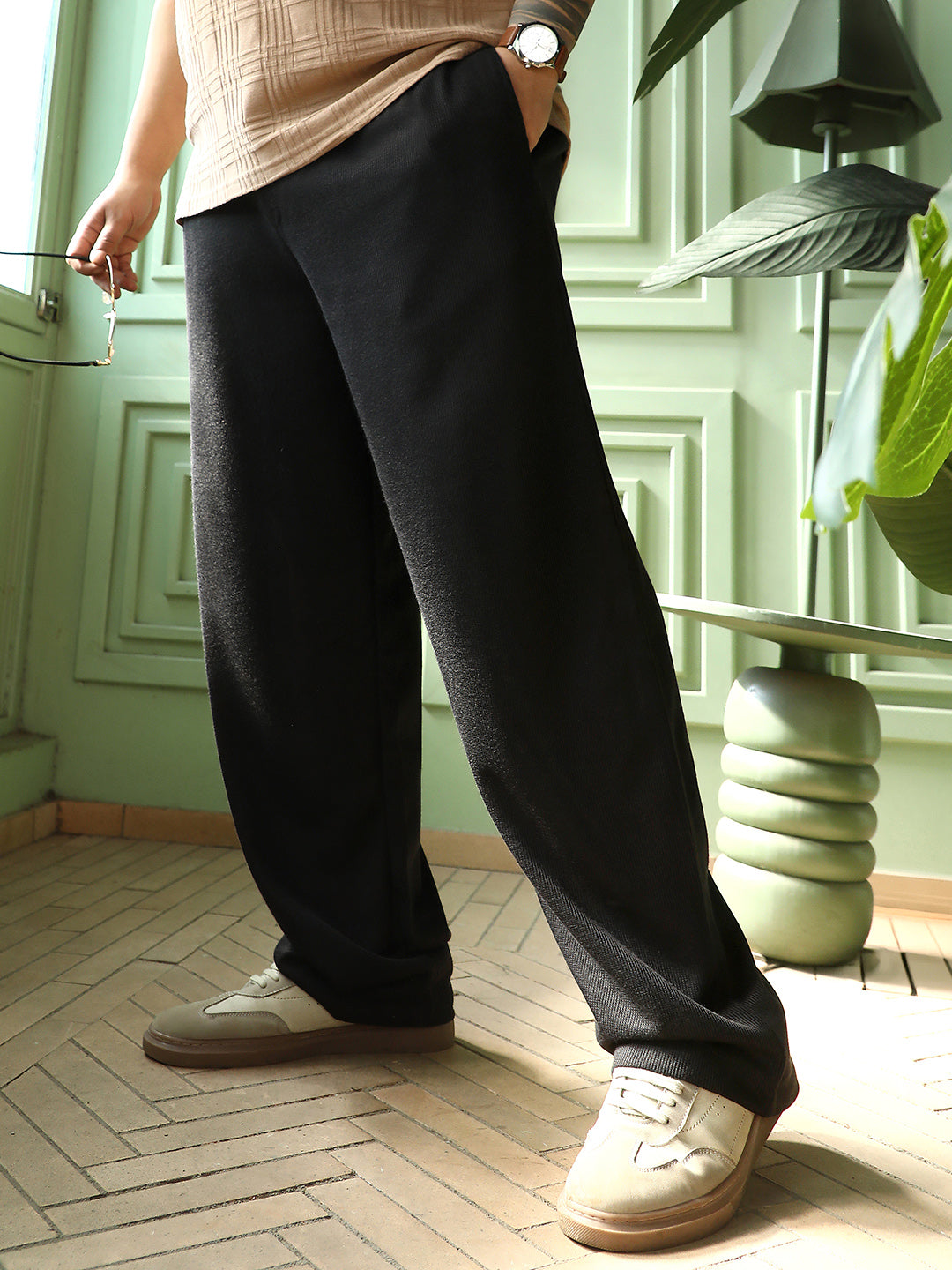 Pleated-Ribbed Trousers