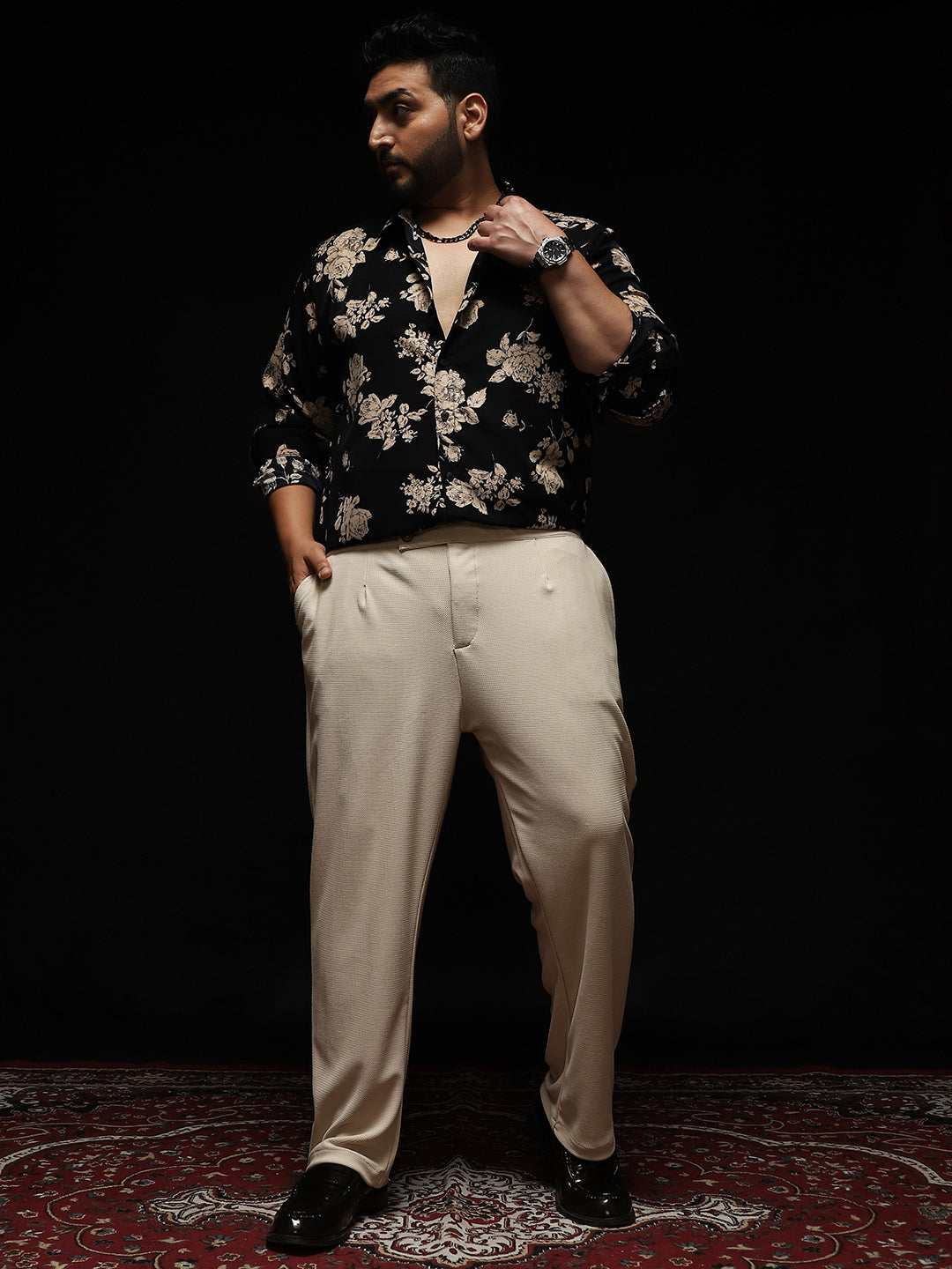 Textured Extended-Waistband Trousers