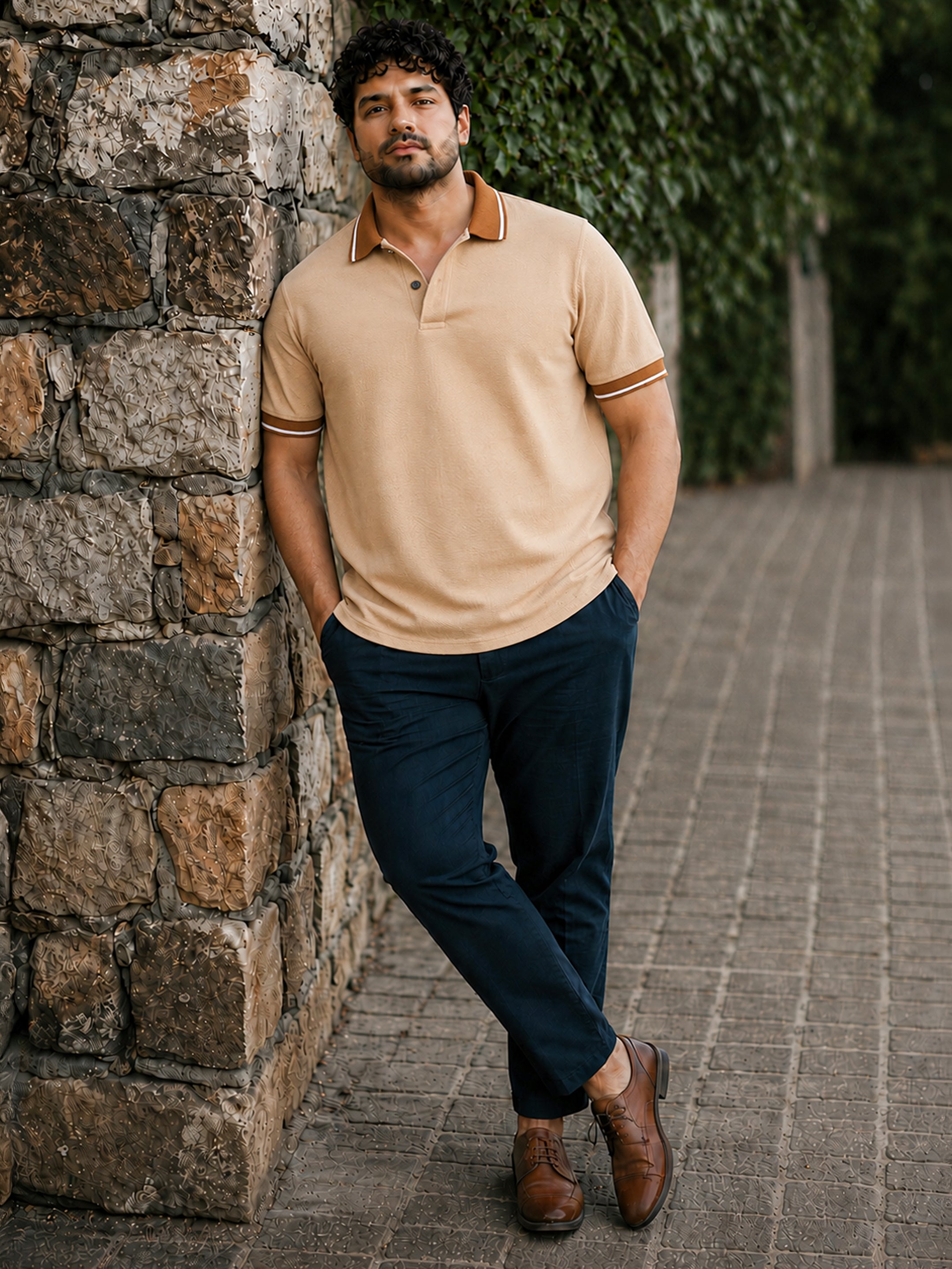 Textured Waffle Knit Polo T-Shirt
