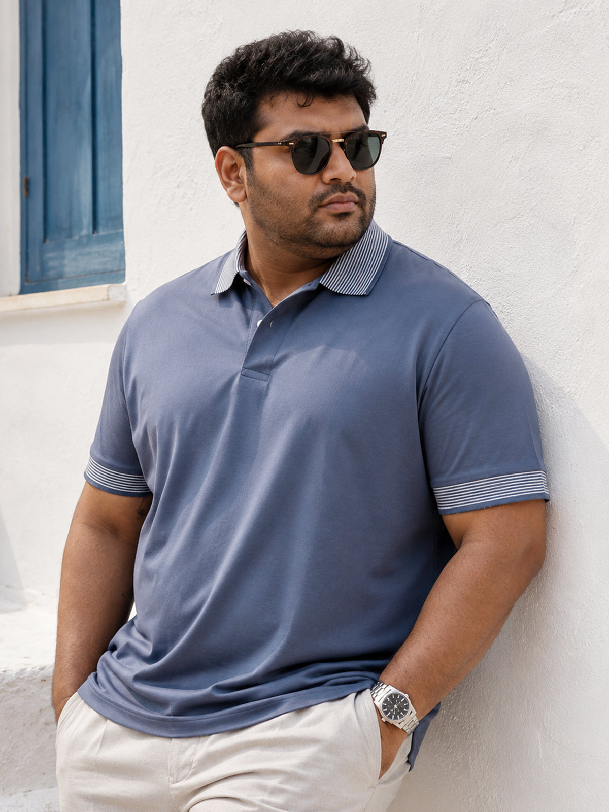 Instafab Plus Men's Blue Solid Polo With Jacquard Collar & Cuff - view 1