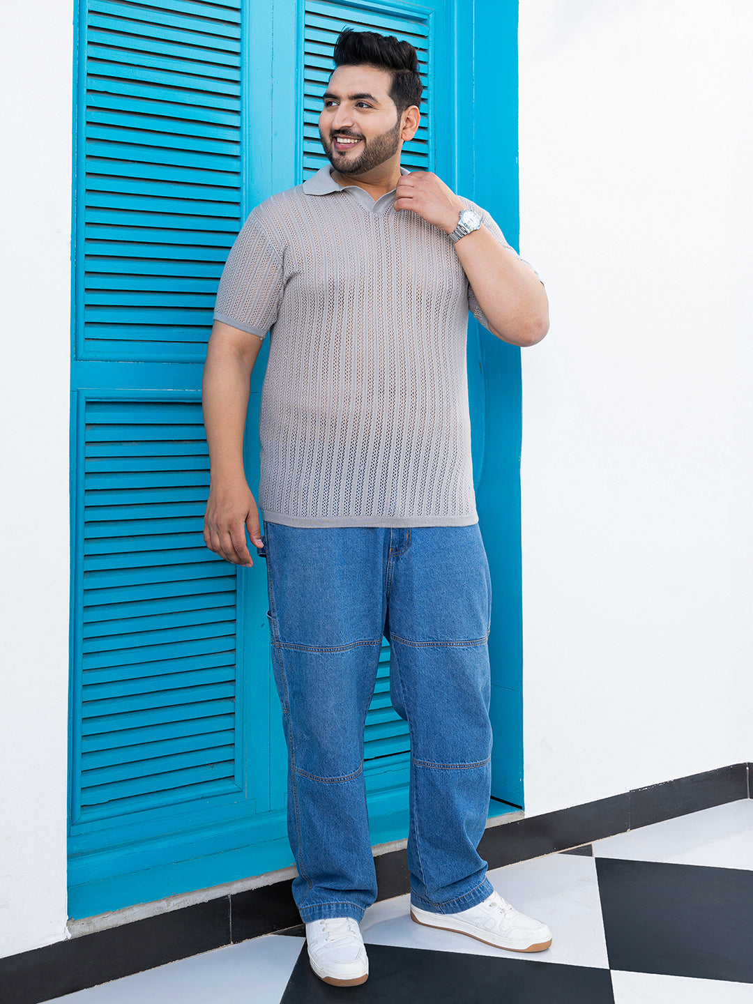 Stripe-Textured Polo T-Shirt