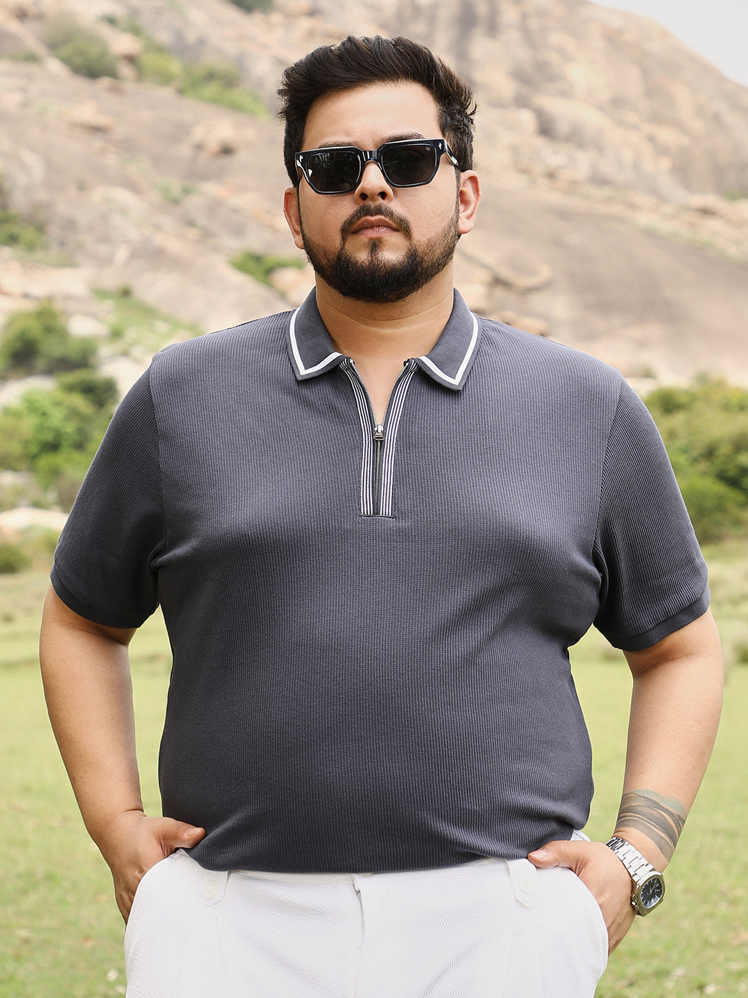 Solid Waffle Half-Zip Polo T-Shirt