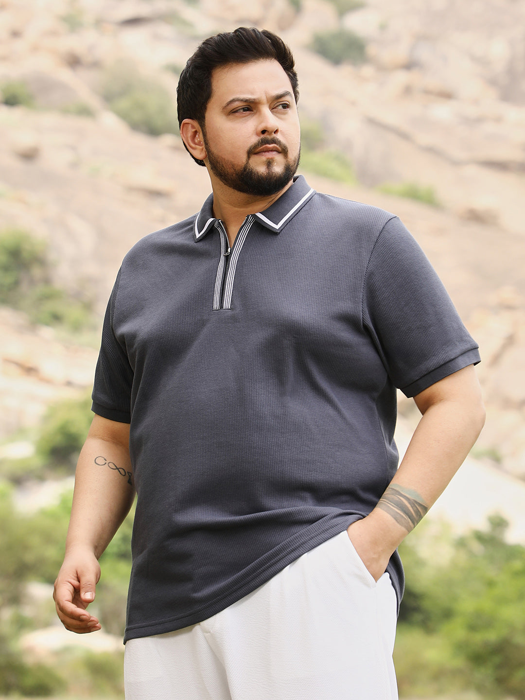 Solid Waffle Half-Zip Polo T-Shirt