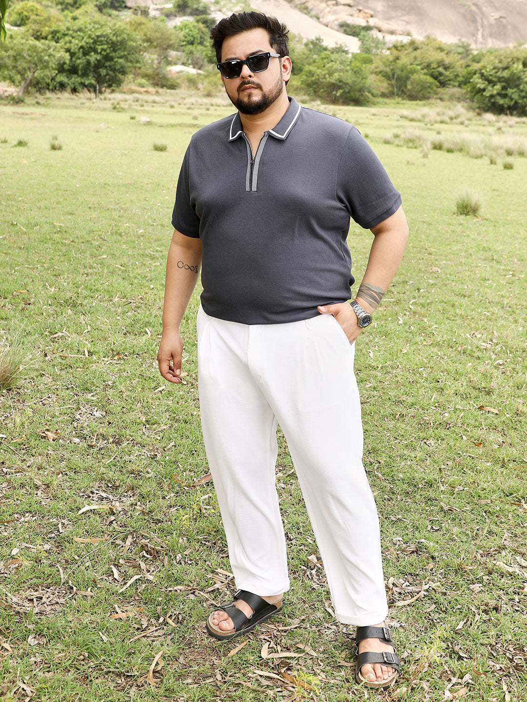 Solid Waffle Half-Zip Polo T-Shirt