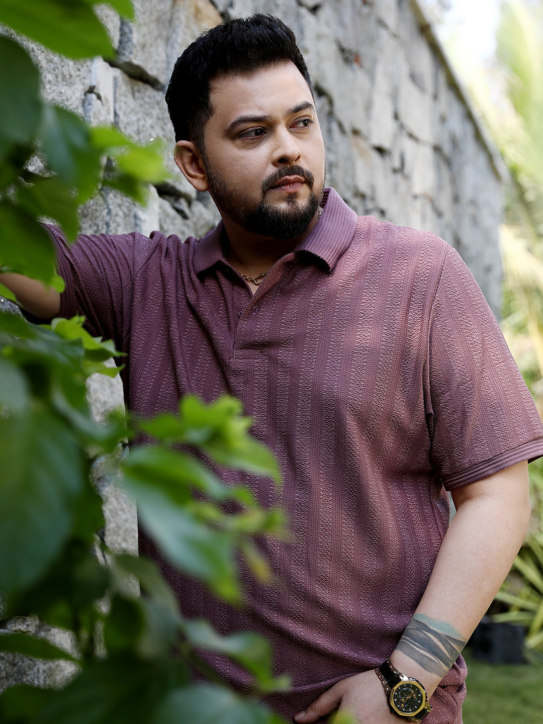 Texture-Lined Polo T-Shirt