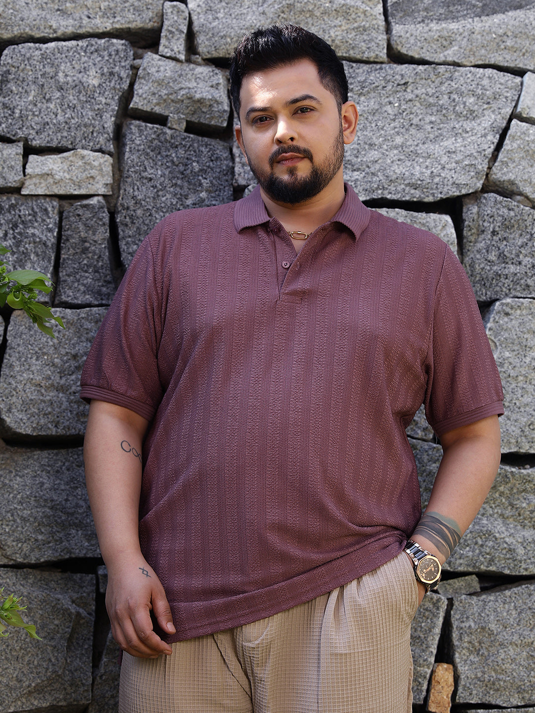 Texture-Lined Polo T-Shirt