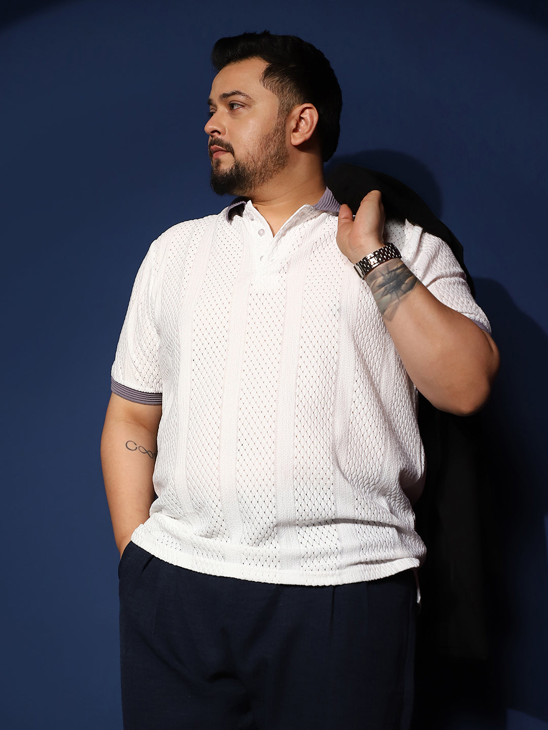 Contrast Open-Knit Polo T-Shirt