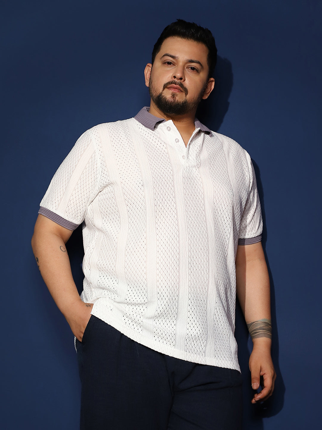 Contrast Open-Knit Polo T-Shirt