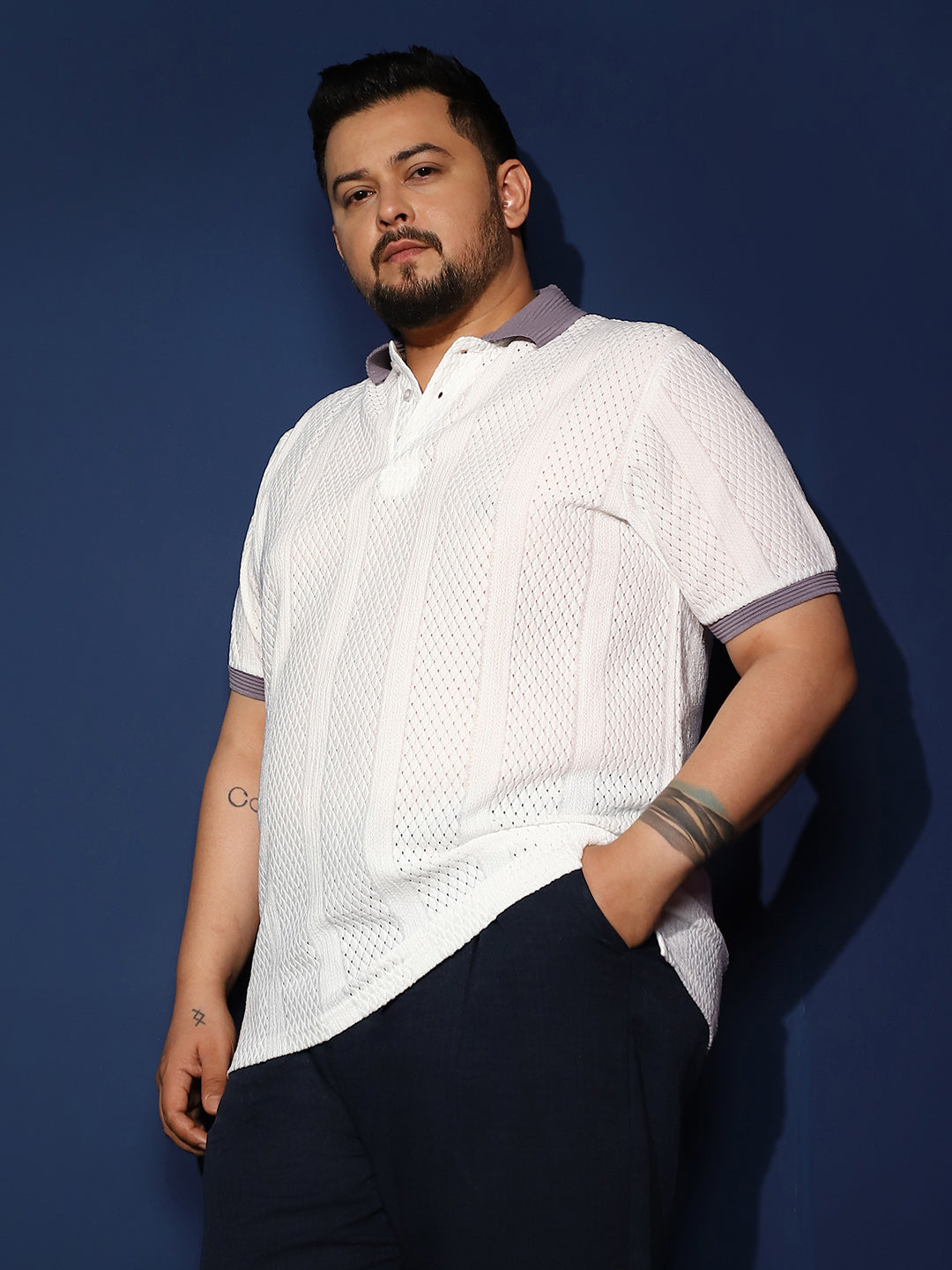 Contrast Open-Knit Polo T-Shirt