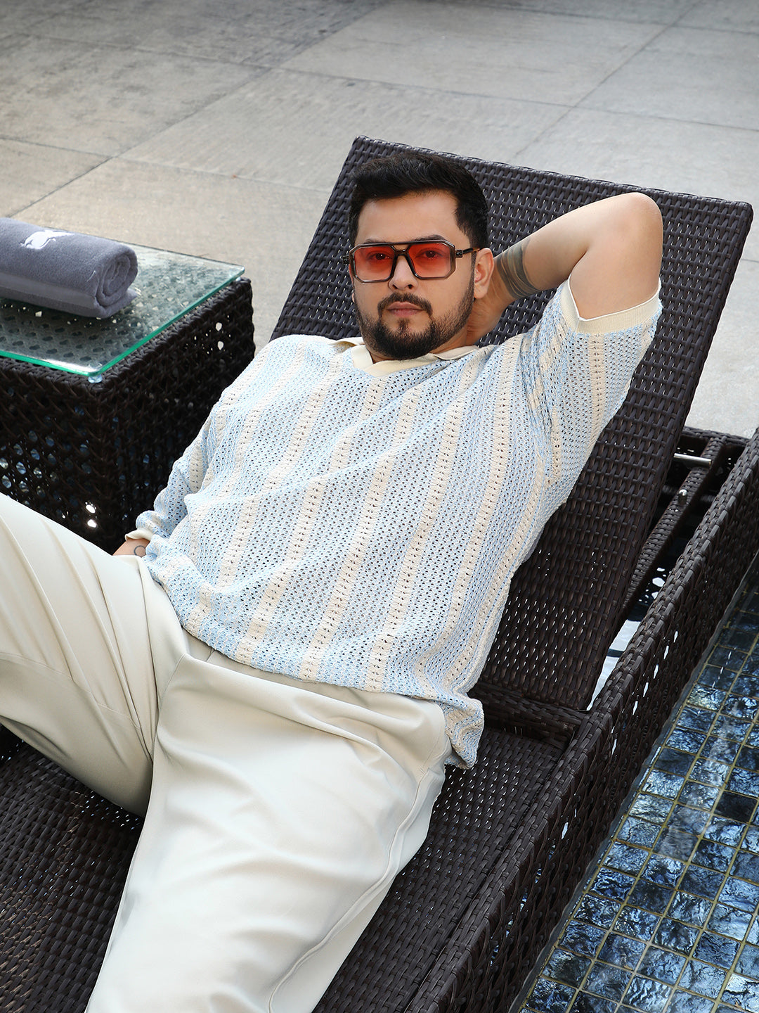 Open-Knit Striped Polo T-Shirt