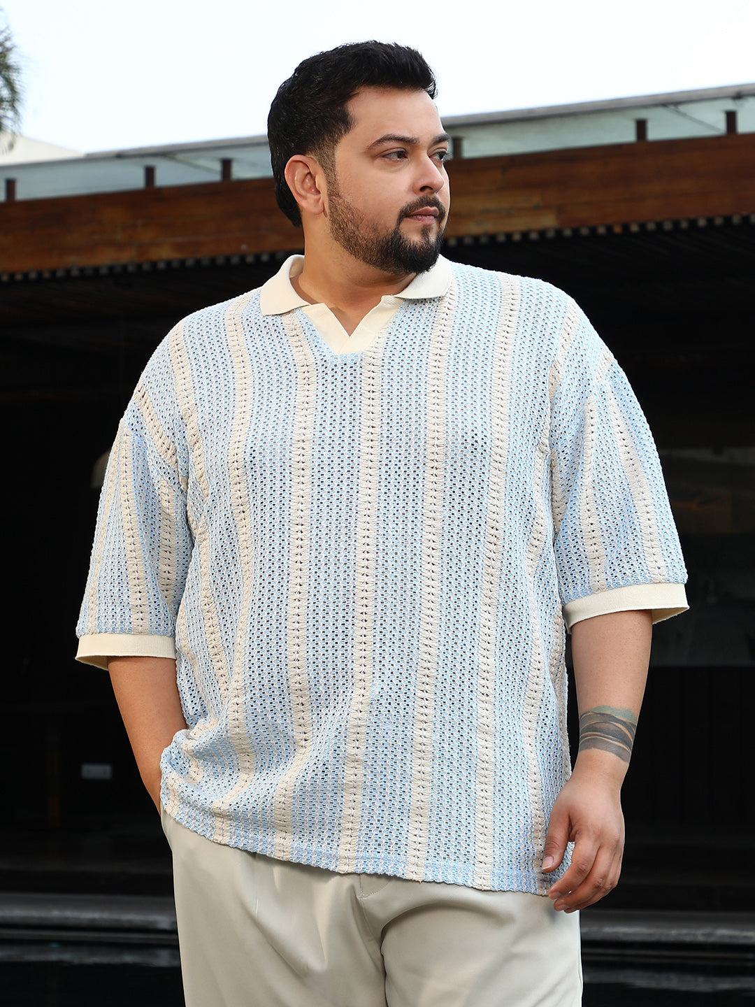 Open-Knit Striped Polo T-Shirt