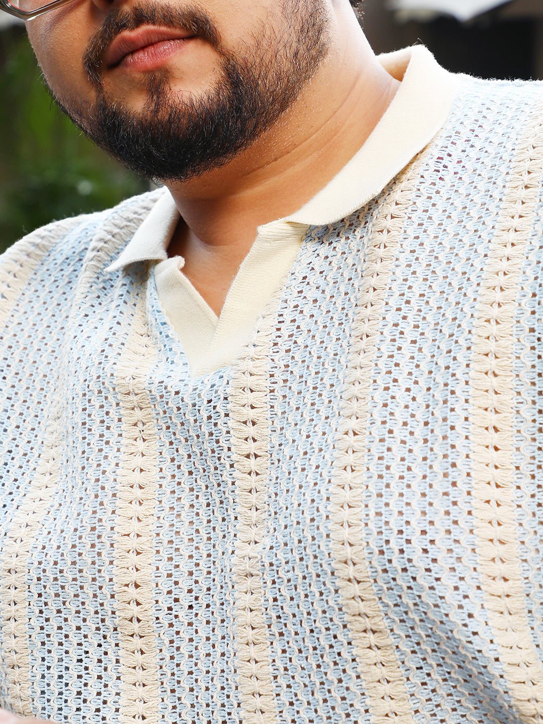Open-Knit Striped Polo T-Shirt