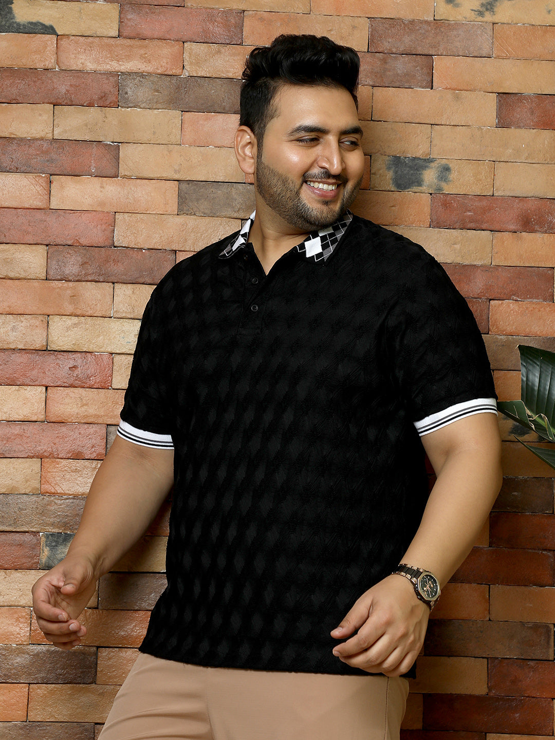 Block Argyle-Knit Polo T-Shirt