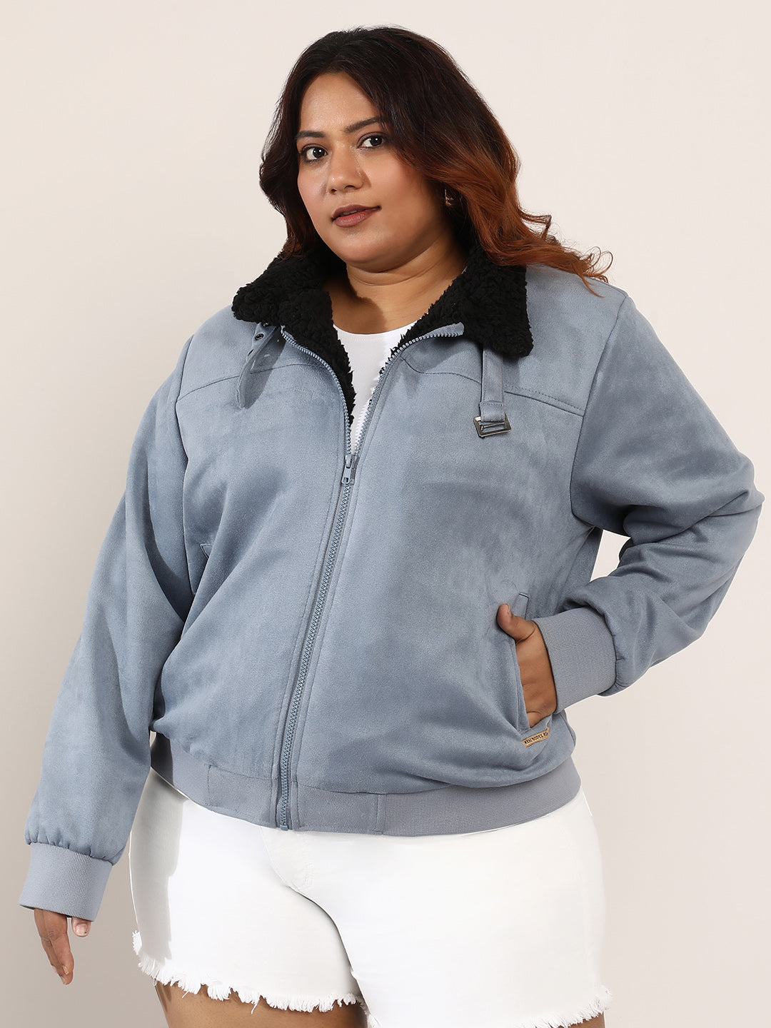 Contrast Sherpa-Lined Suede Bomber Jacket