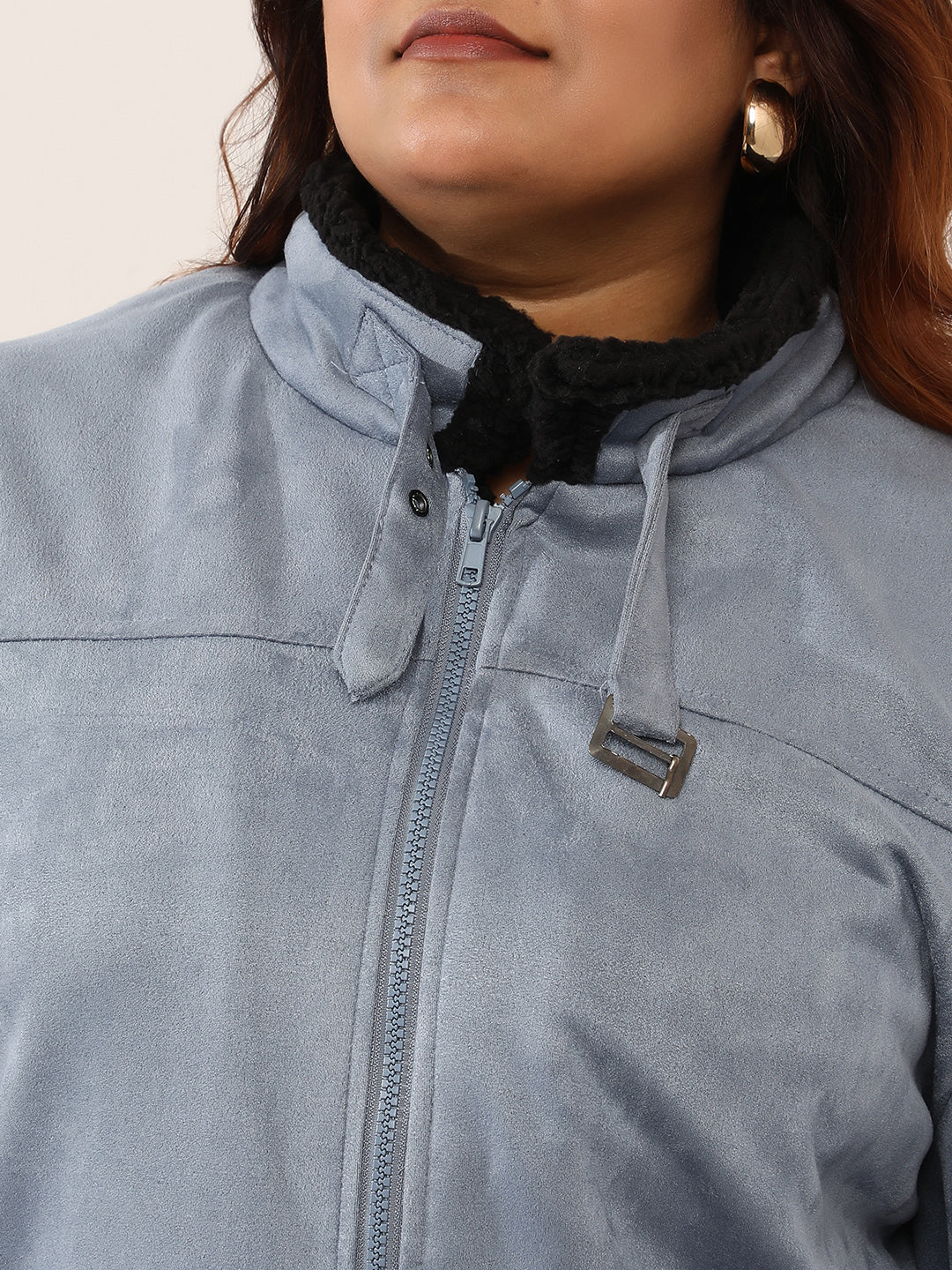 Contrast Sherpa-Lined Suede Bomber Jacket